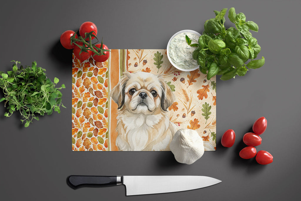 Fawn Pekingese Heirloom Fall Cutting Board Tempered Glass Kitchen Cutting Surface, Heat Resistant Chopping, Non-Slip Feet, Food Prep & Serving
