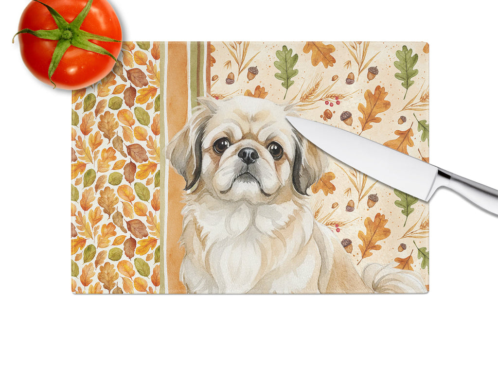 Fawn Pekingese Heirloom Fall Cutting Board Tempered Glass Kitchen Cutting Surface, Heat Resistant Chopping, Non-Slip Feet, Food Prep & Serving
