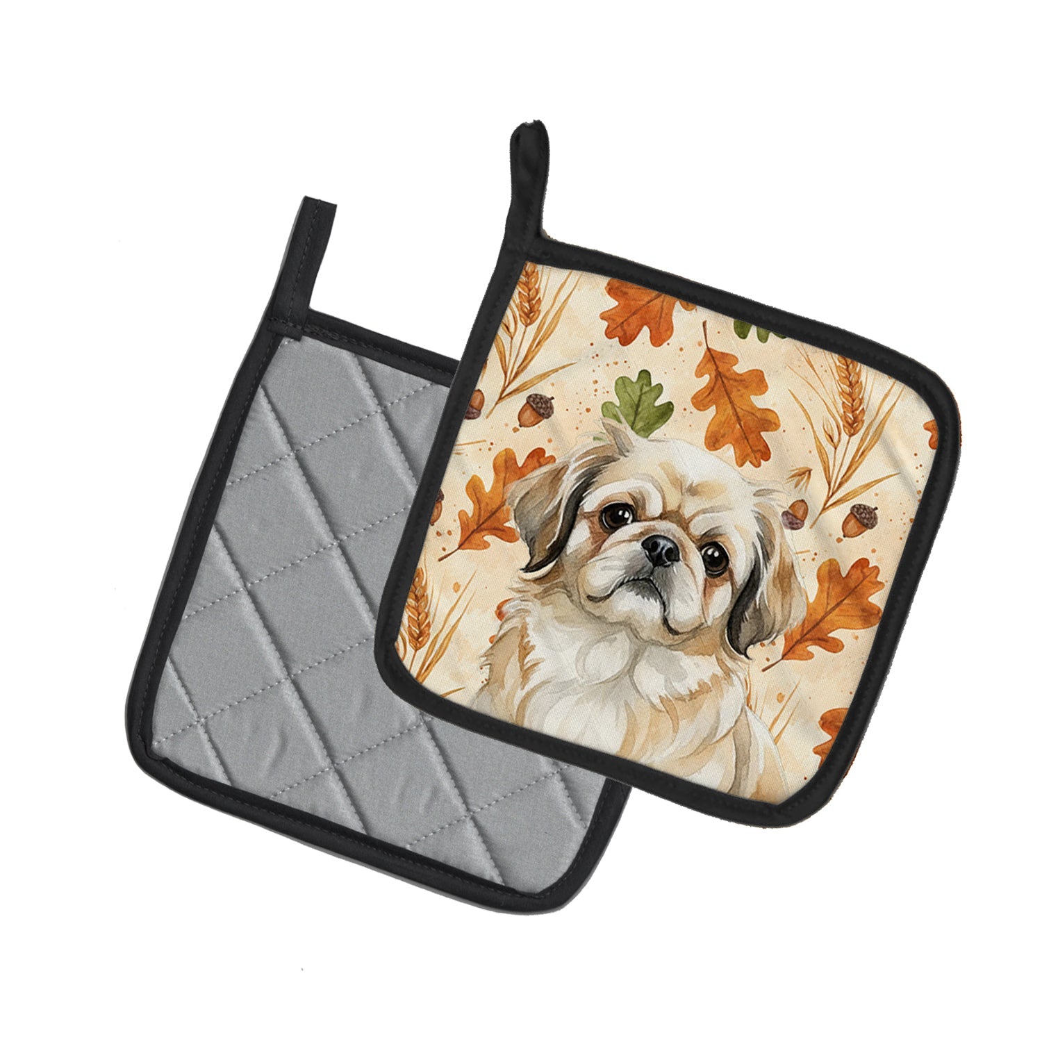 Fawn Pekingese Heirloom Fall Pot Holder Set of 2 Heat Resistant Quilted Hot Pads 7.5 x 7.5 Inch, Insulated Kitchen Trivets for Cooking & Baking
