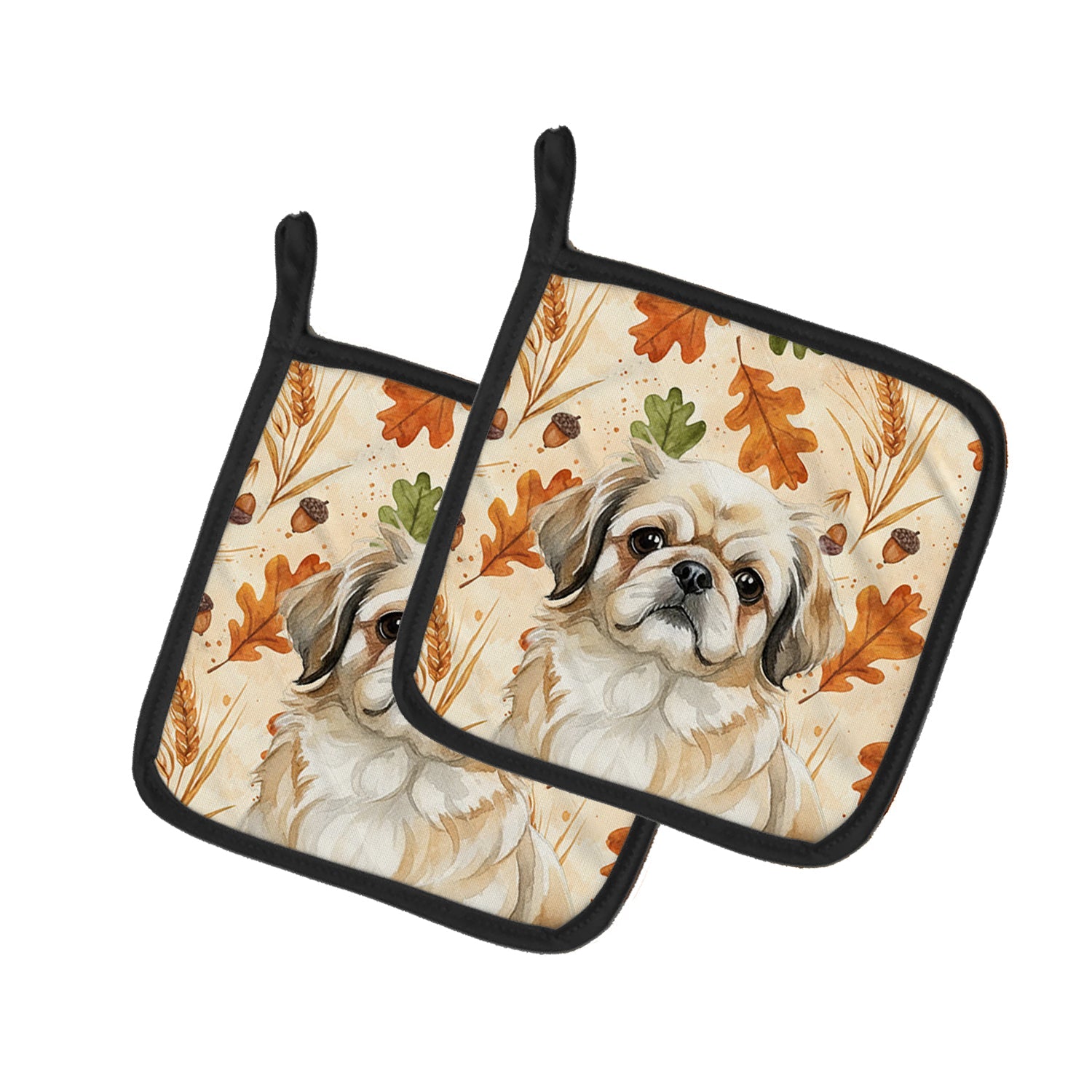 Fawn Pekingese Heirloom Fall Pot Holder Set of 2 Heat Resistant Quilted Hot Pads 7.5 x 7.5 Inch, Insulated Kitchen Trivets for Cooking & Baking