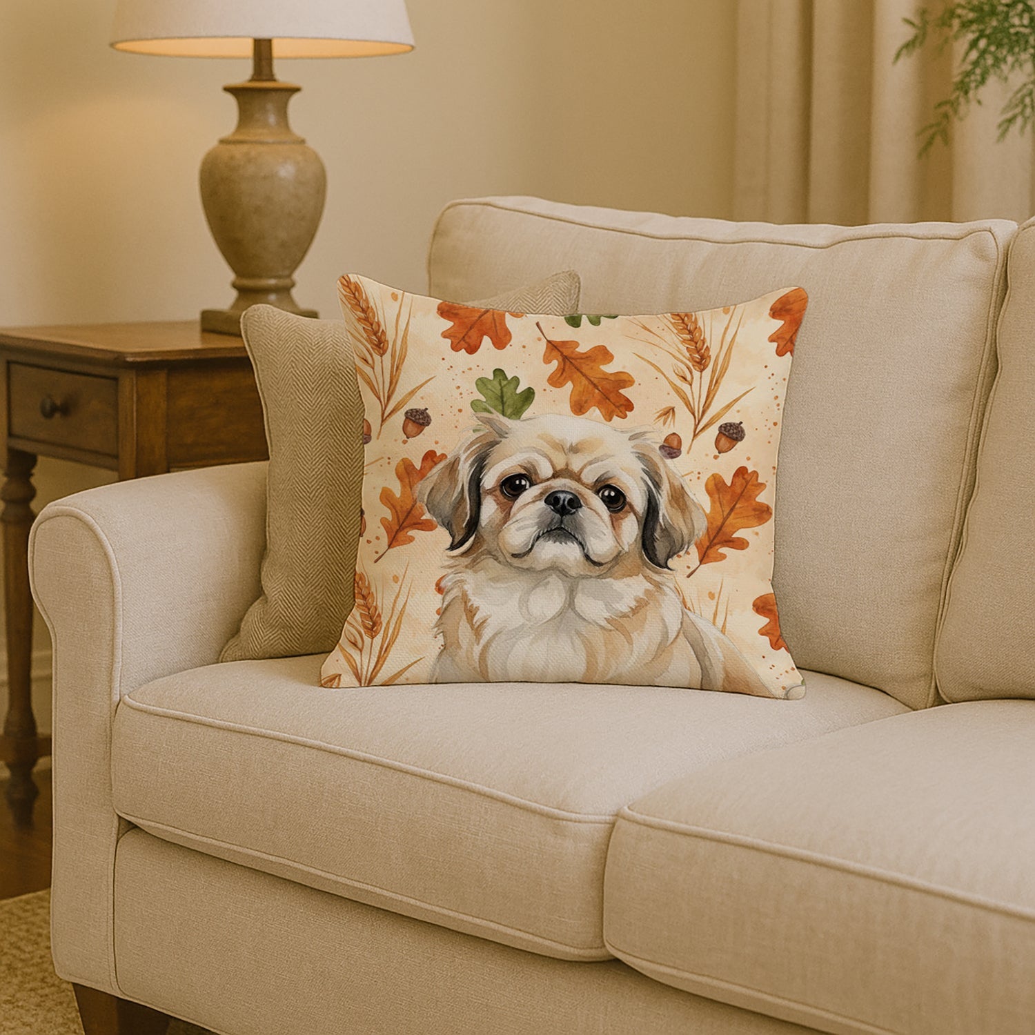 Fawn Pekingese Heirloom Fall Decorative Throw Pillow 14x14 Indoor Outdoor Accent Cushion, Fabric Cover with Insert for Sofa, Bed, Porch & Living Room