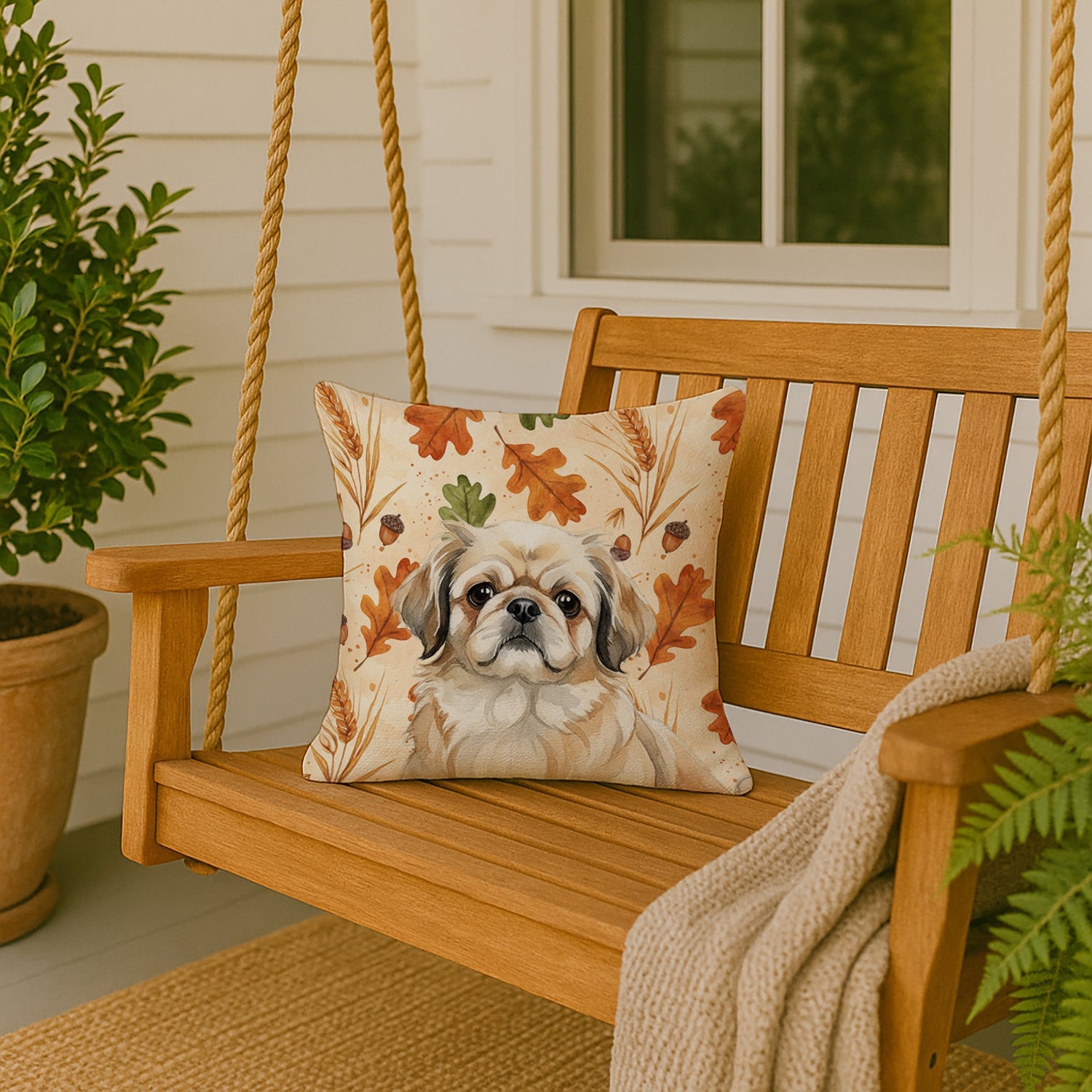 Fawn Pekingese Heirloom Fall Decorative Throw Pillow 18x18 Indoor Outdoor Accent Cushion, Fabric Cover with Insert for Sofa, Bed, Porch & Living Room
