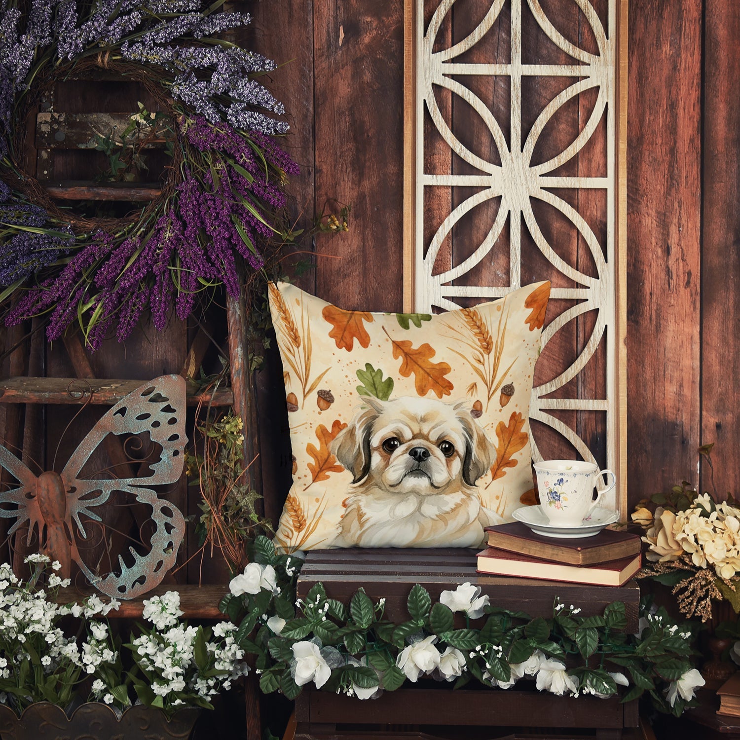 Fawn Pekingese Heirloom Fall Decorative Throw Pillow 18x18 Indoor Outdoor Accent Cushion, Fabric Cover with Insert for Sofa, Bed, Porch & Living Room