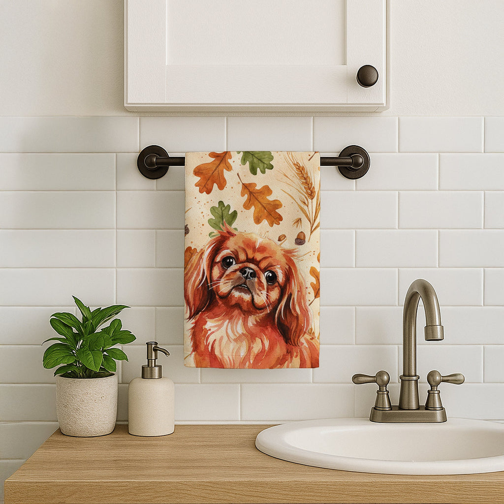 Red Pekingese Heirloom Fall Kitchen Towel Velour Plush Front and Cotton Loop Back Machine Washable