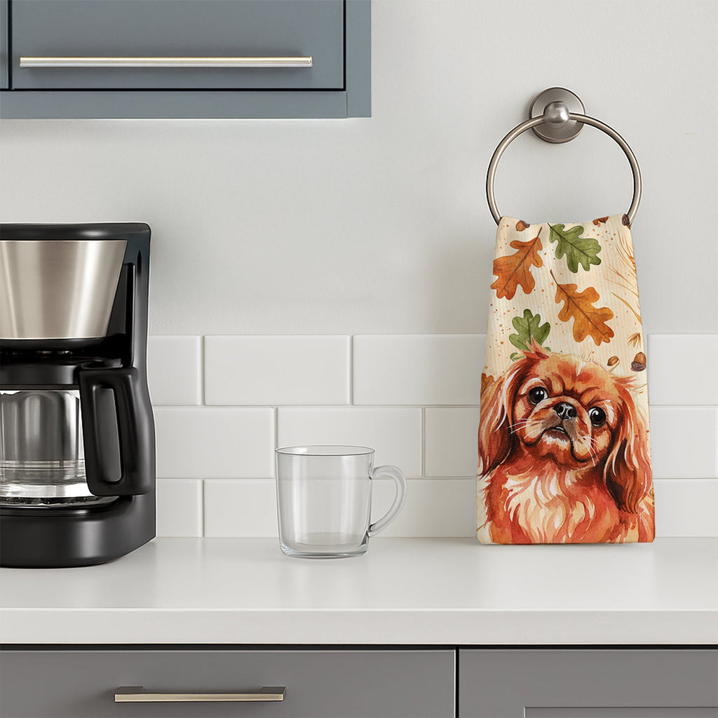 Red Pekingese Heirloom Fall Kitchen Towel Velour Plush Front and Cotton Loop Back Machine Washable
