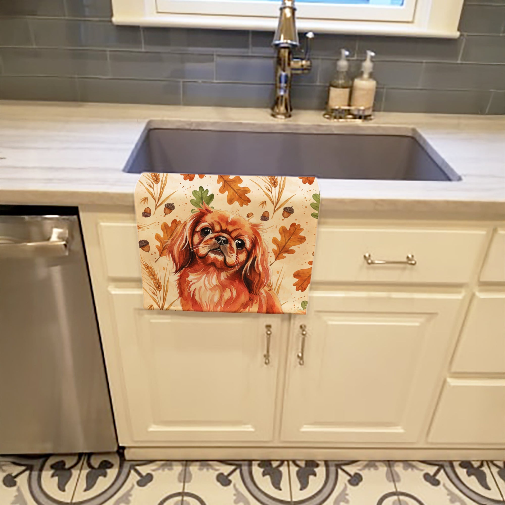 Red Pekingese Heirloom Fall Kitchen Towel Velour Plush Front and Cotton Loop Back Machine Washable