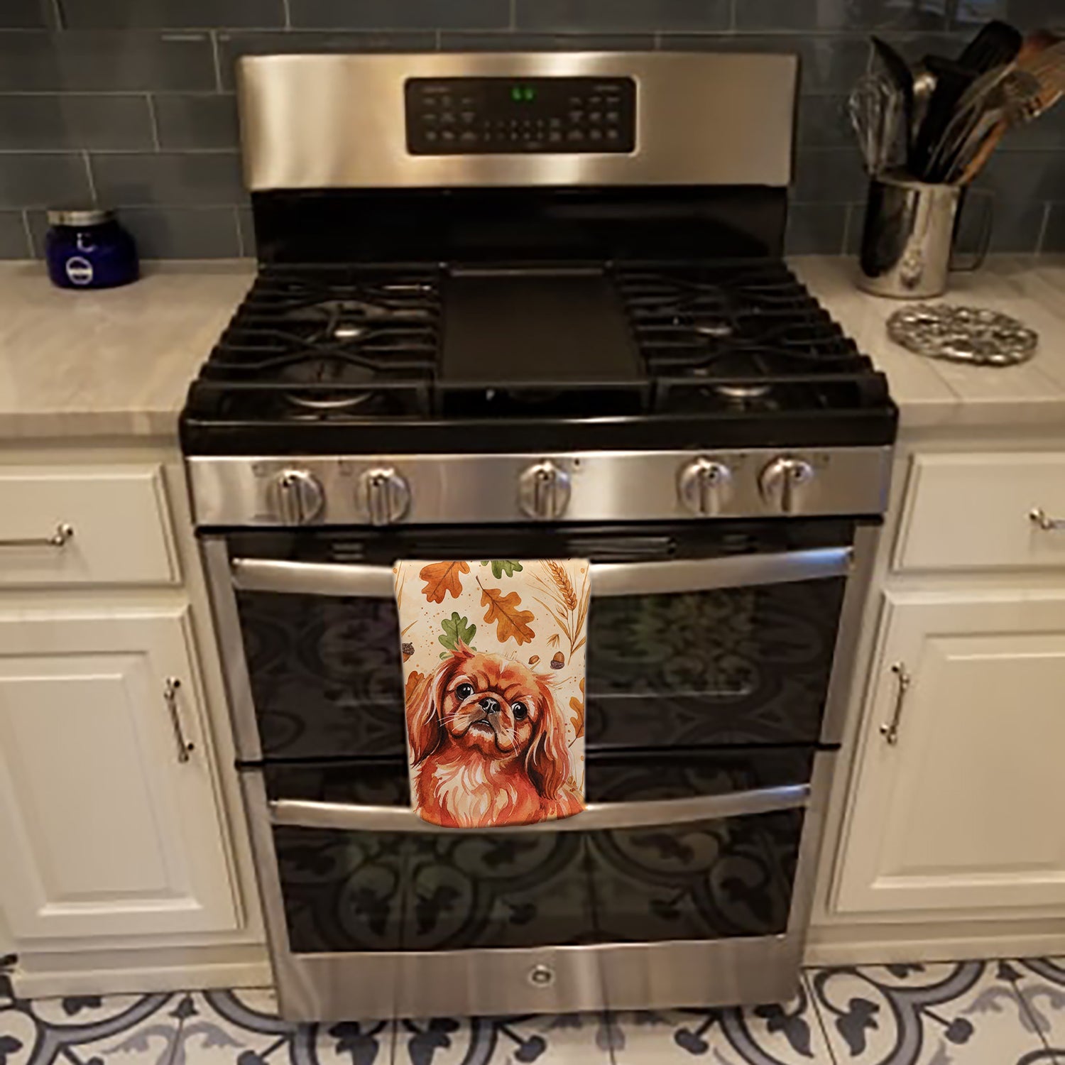 Red Pekingese Heirloom Fall Kitchen Towel Velour Plush Front and Cotton Loop Back Machine Washable