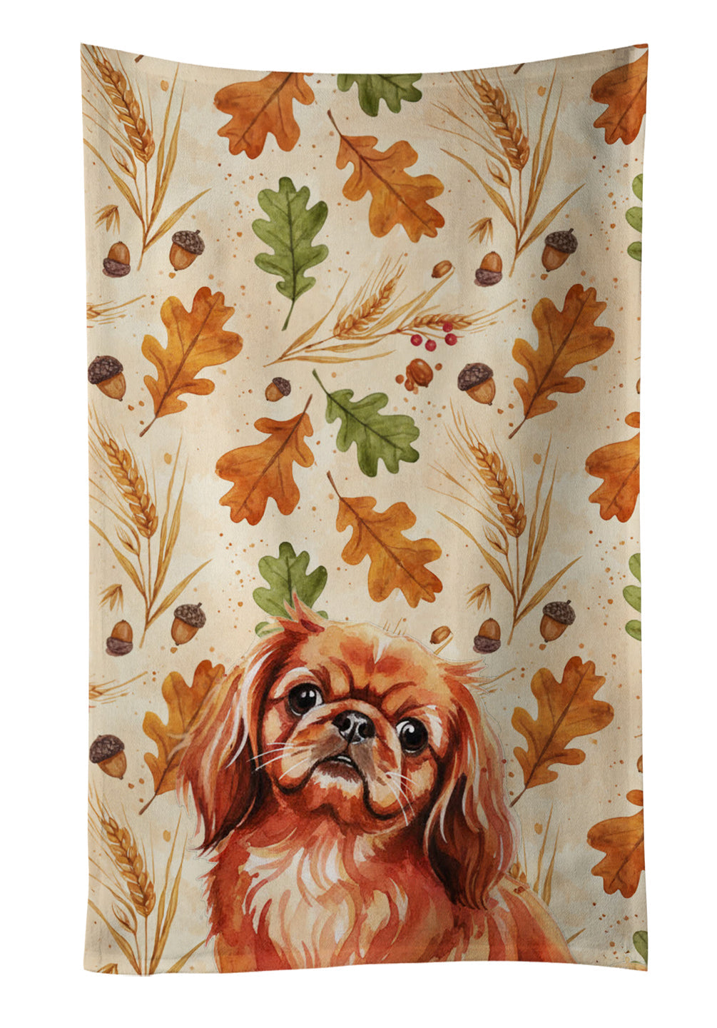 Red Pekingese Heirloom Fall Kitchen Towel Velour Plush Front and Cotton Loop Back Machine Washable
