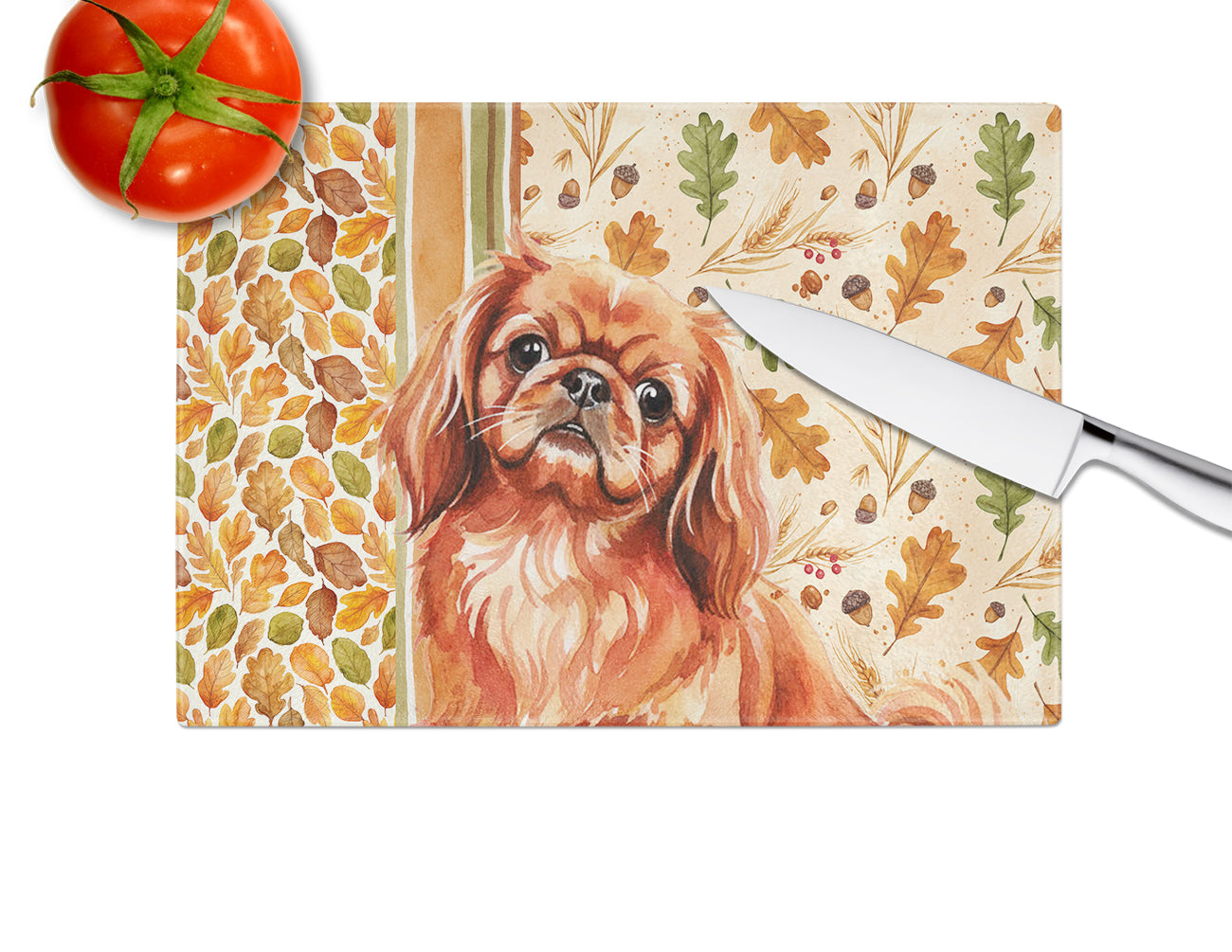 Red Pekingese Heirloom Fall Cutting Board Tempered Glass Kitchen Cutting Surface, Heat Resistant Chopping, Non-Slip Feet, Food Prep & Serving