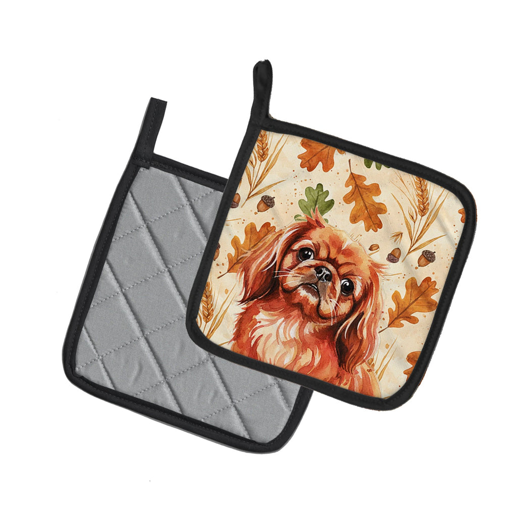 Red Pekingese Heirloom Fall Pot Holder Set of 2 Heat Resistant Quilted Hot Pads 7.5 x 7.5 Inch, Insulated Kitchen Trivets for Cooking & Baking