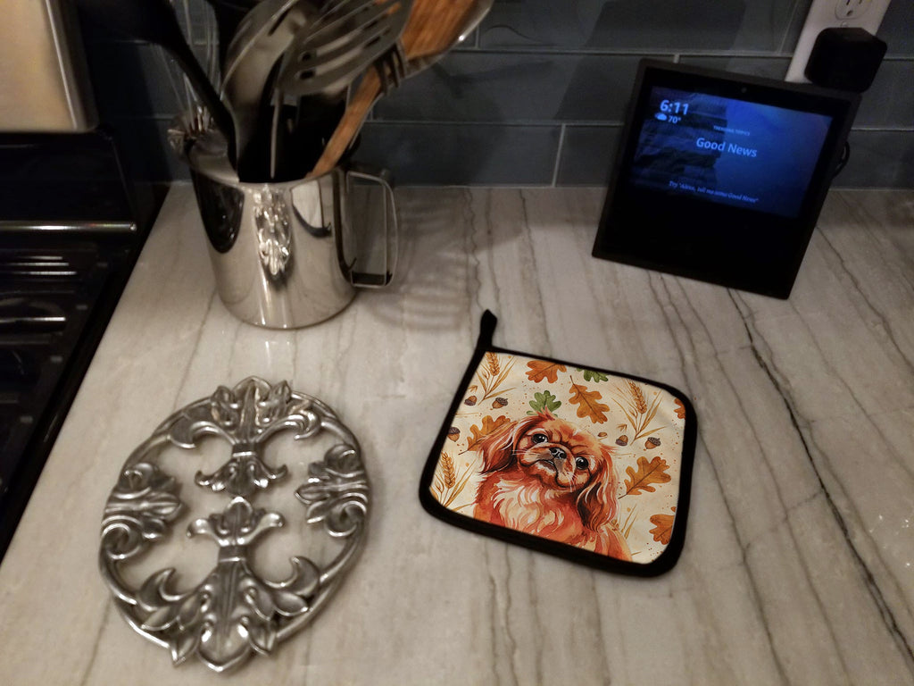 Red Pekingese Heirloom Fall Pot Holder Set of 2 Heat Resistant Quilted Hot Pads 7.5 x 7.5 Inch, Insulated Kitchen Trivets for Cooking & Baking