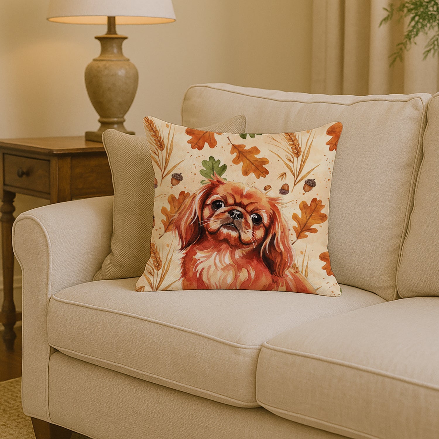 Red Pekingese Heirloom Fall Decorative Throw Pillow 14x14 Indoor Outdoor Accent Cushion, Fabric Cover with Insert for Sofa, Bed, Porch & Living Room
