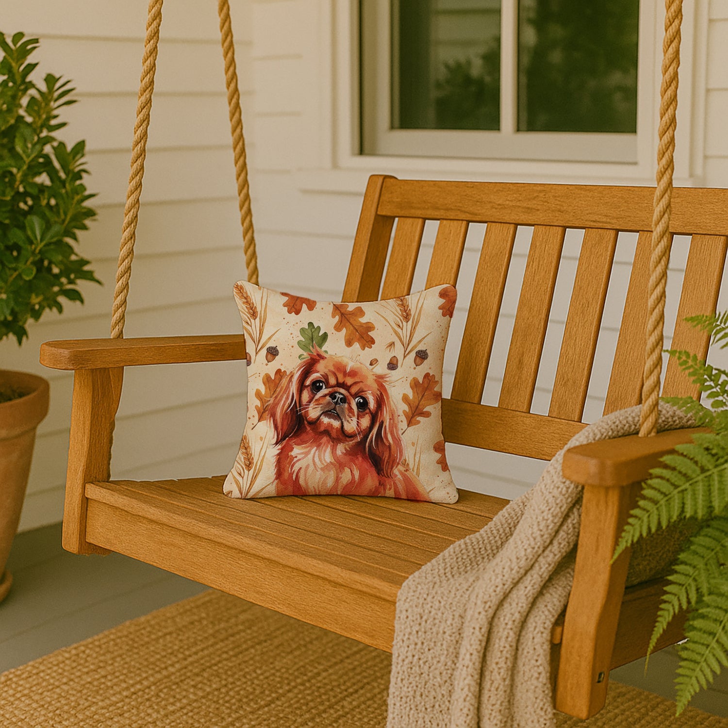 Red Pekingese Heirloom Fall Decorative Throw Pillow 14x14 Indoor Outdoor Accent Cushion, Fabric Cover with Insert for Sofa, Bed, Porch & Living Room
