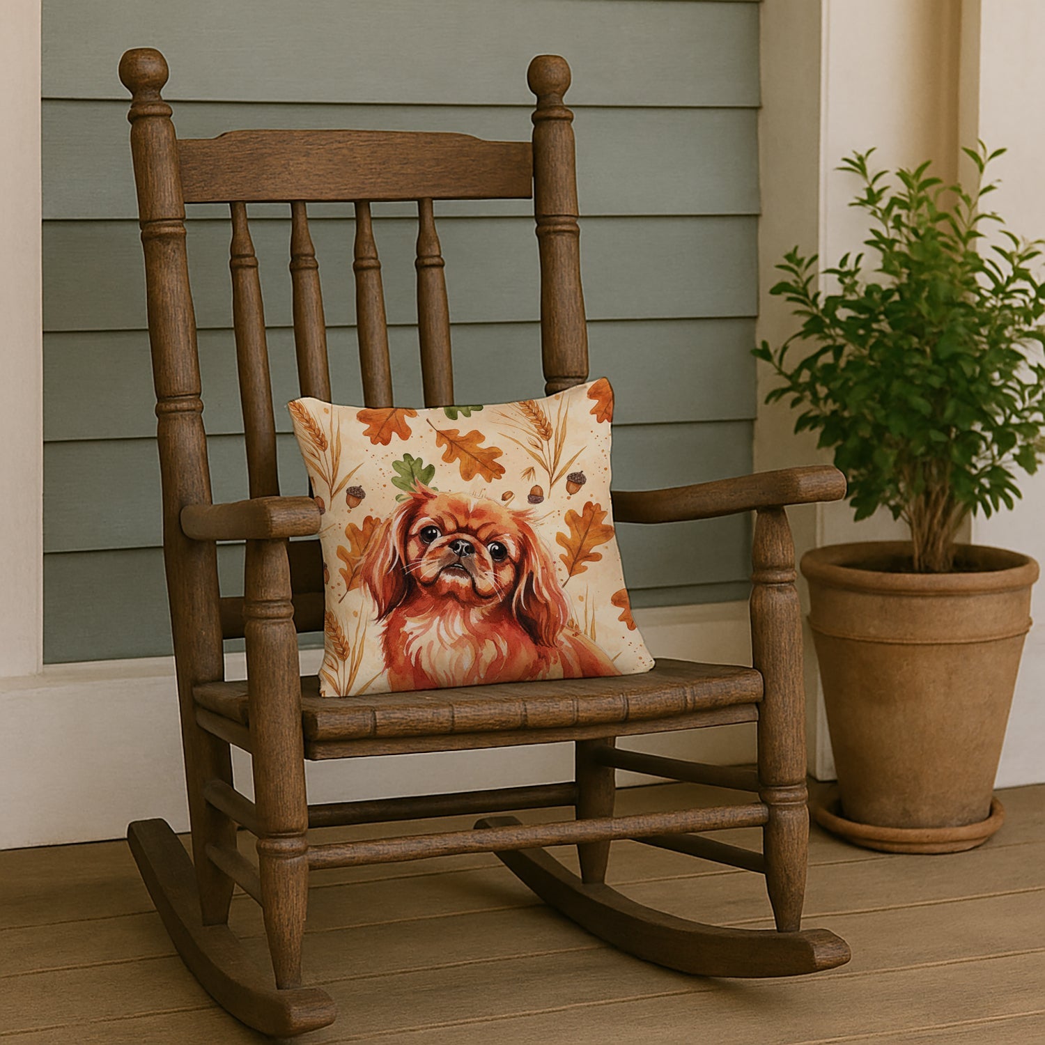 Red Pekingese Heirloom Fall Decorative Throw Pillow 14x14 Indoor Outdoor Accent Cushion, Fabric Cover with Insert for Sofa, Bed, Porch & Living Room