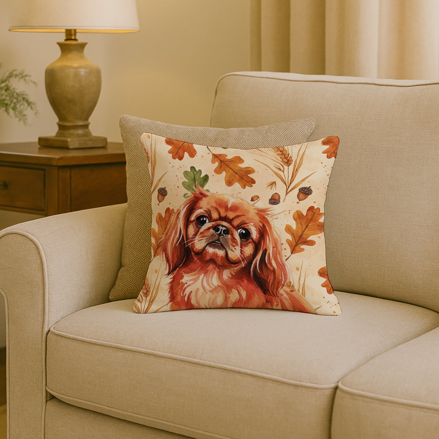 Red Pekingese Heirloom Fall Decorative Throw Pillow 18x18 Indoor Outdoor Accent Cushion, Fabric Cover with Insert for Sofa, Bed, Porch & Living Room