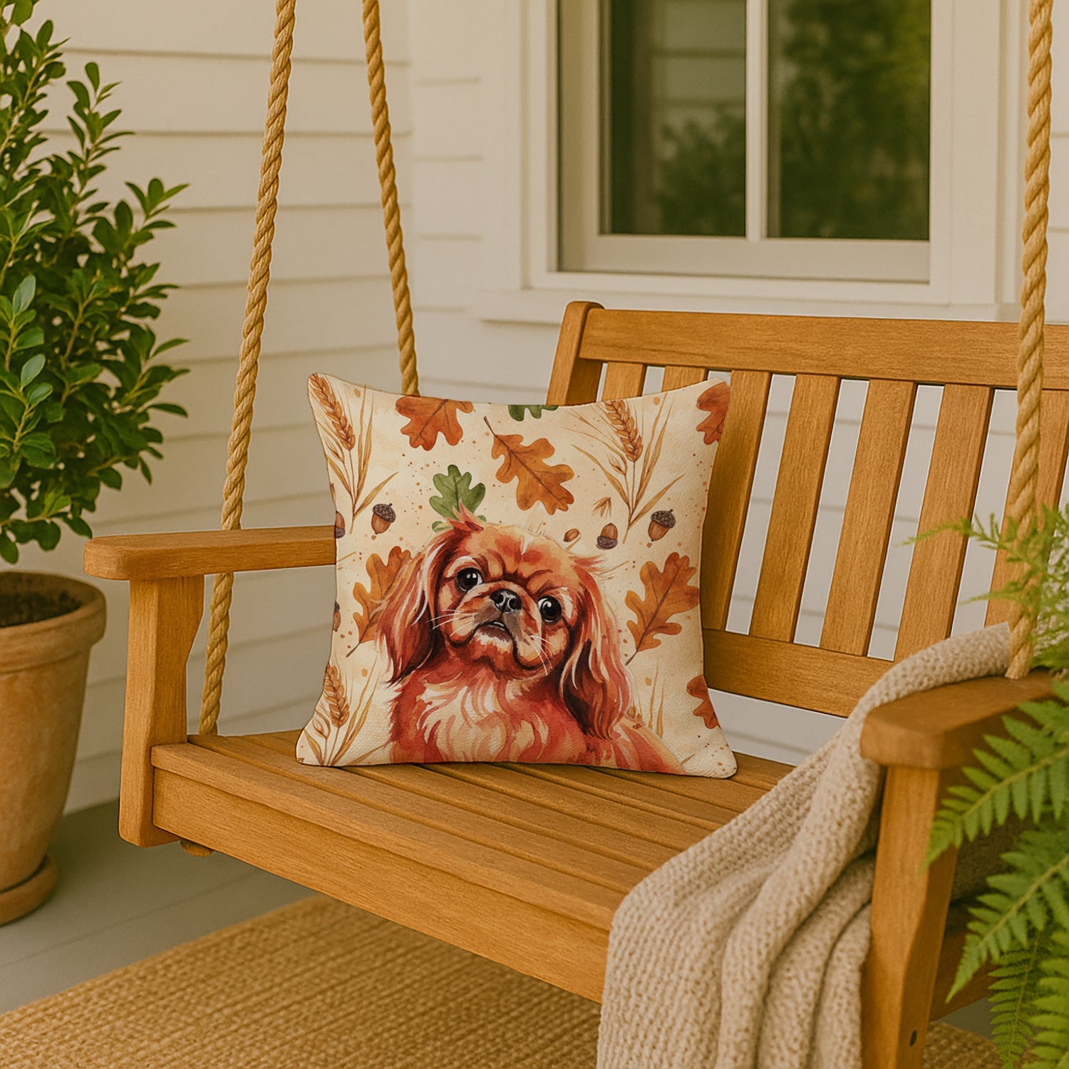 Red Pekingese Heirloom Fall Decorative Throw Pillow 18x18 Indoor Outdoor Accent Cushion, Fabric Cover with Insert for Sofa, Bed, Porch & Living Room