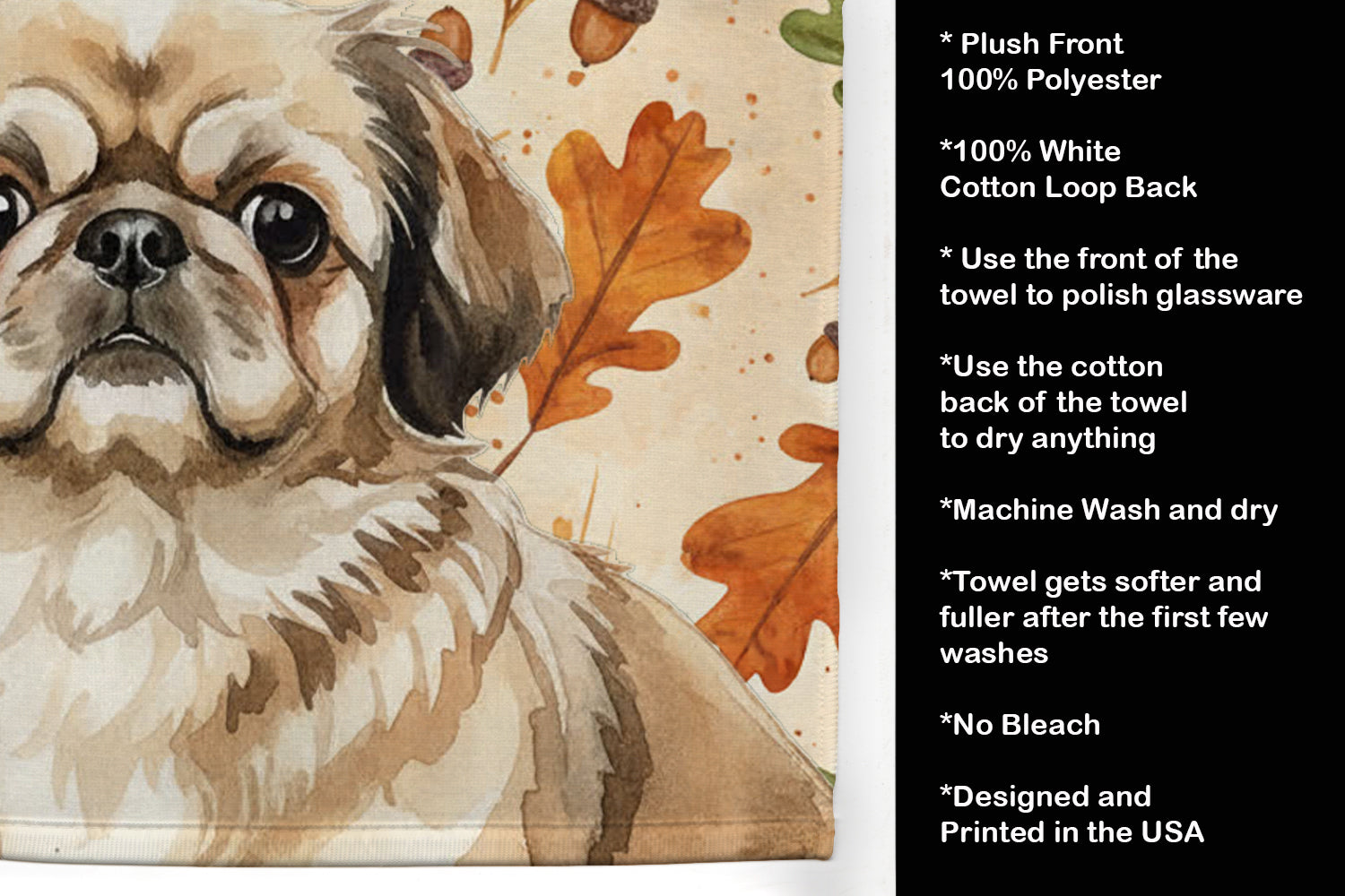 Sable Pekingese Heirloom Fall Kitchen Towel Velour Plush Front and Cotton Loop Back Machine Washable
