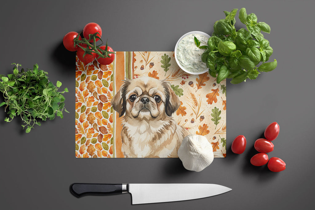 Sable Pekingese Heirloom Fall Cutting Board Tempered Glass Kitchen Cutting Surface, Heat Resistant Chopping, Non-Slip Feet, Food Prep & Serving