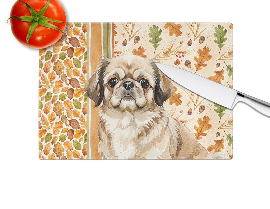 Sable Pekingese Heirloom Fall Cutting Board Tempered Glass Kitchen Cutting Surface, Heat Resistant Chopping, Non-Slip Feet, Food Prep & Serving