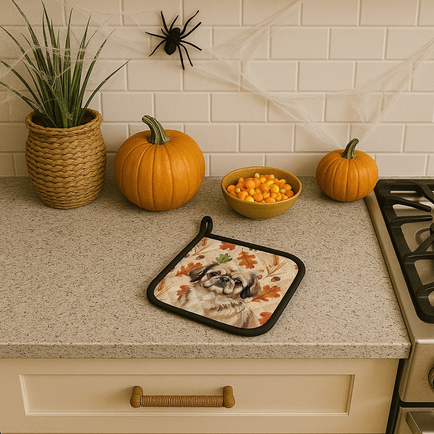 Sable Pekingese Heirloom Fall Pot Holder Set of 2 Heat Resistant Quilted Hot Pads 7.5 x 7.5 Inch, Insulated Kitchen Trivets for Cooking & Baking
