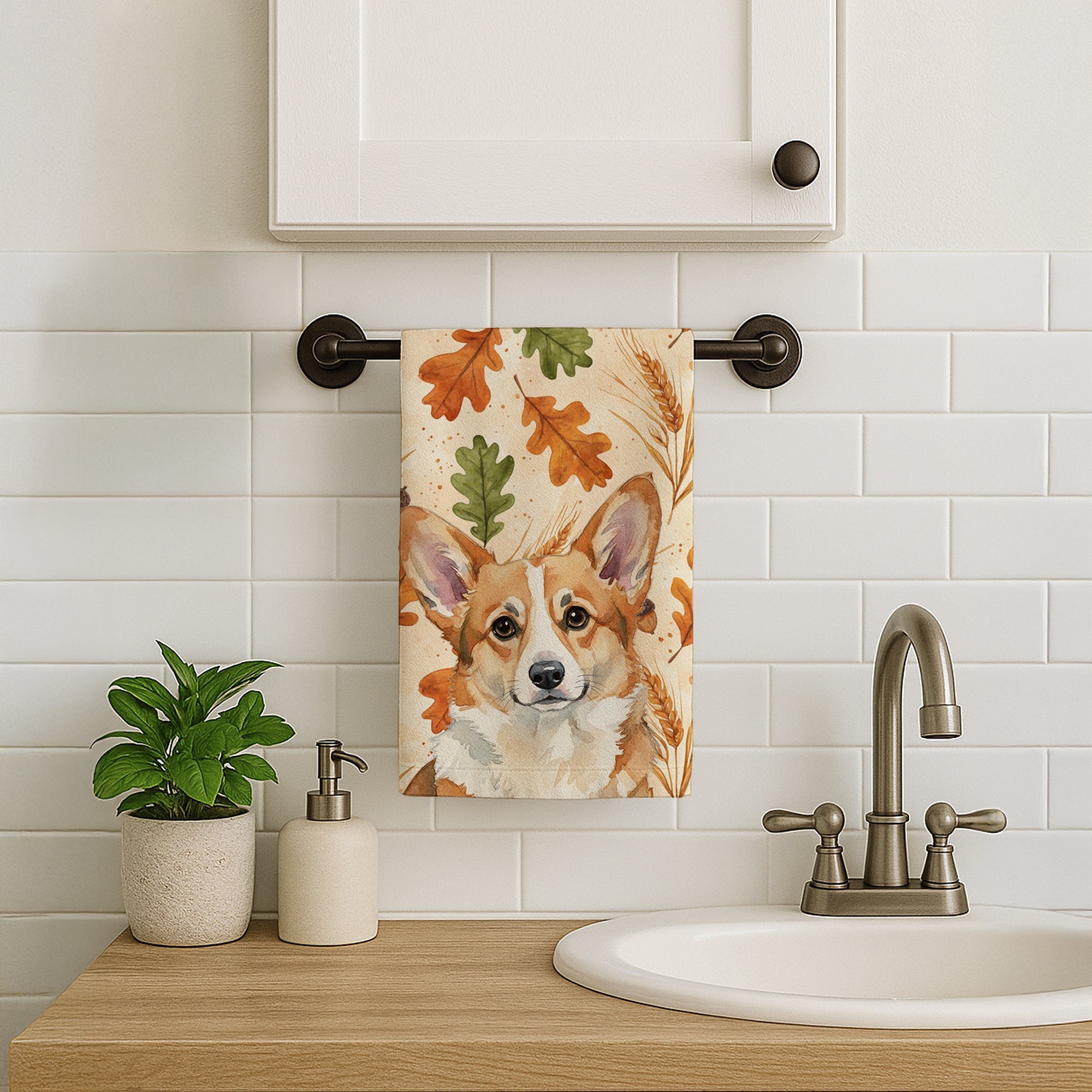 Corgi Heirloom Fall Kitchen Towel Velour Plush Front and Cotton Loop Back Machine Washable