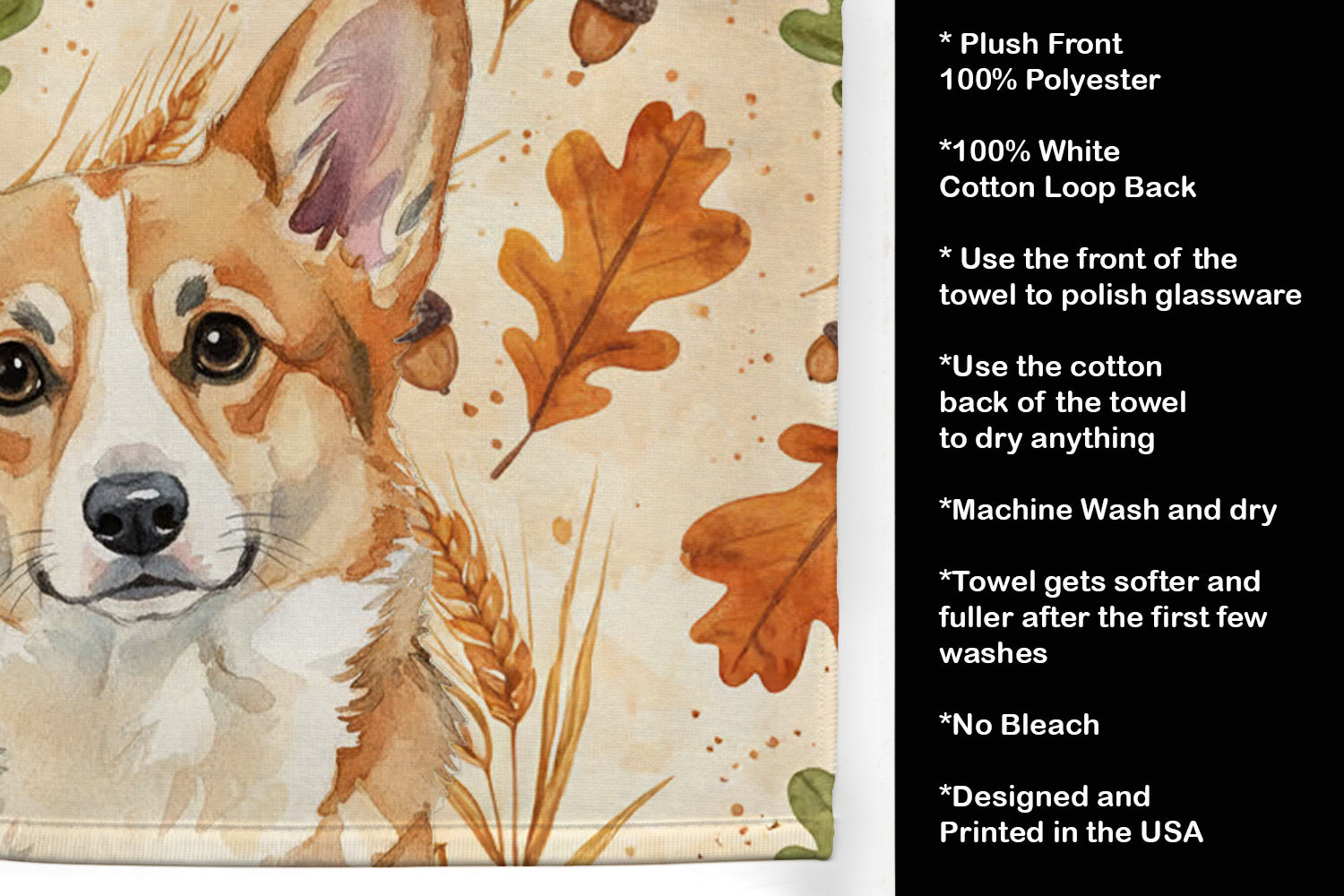 Corgi Heirloom Fall Kitchen Towel Velour Plush Front and Cotton Loop Back Machine Washable