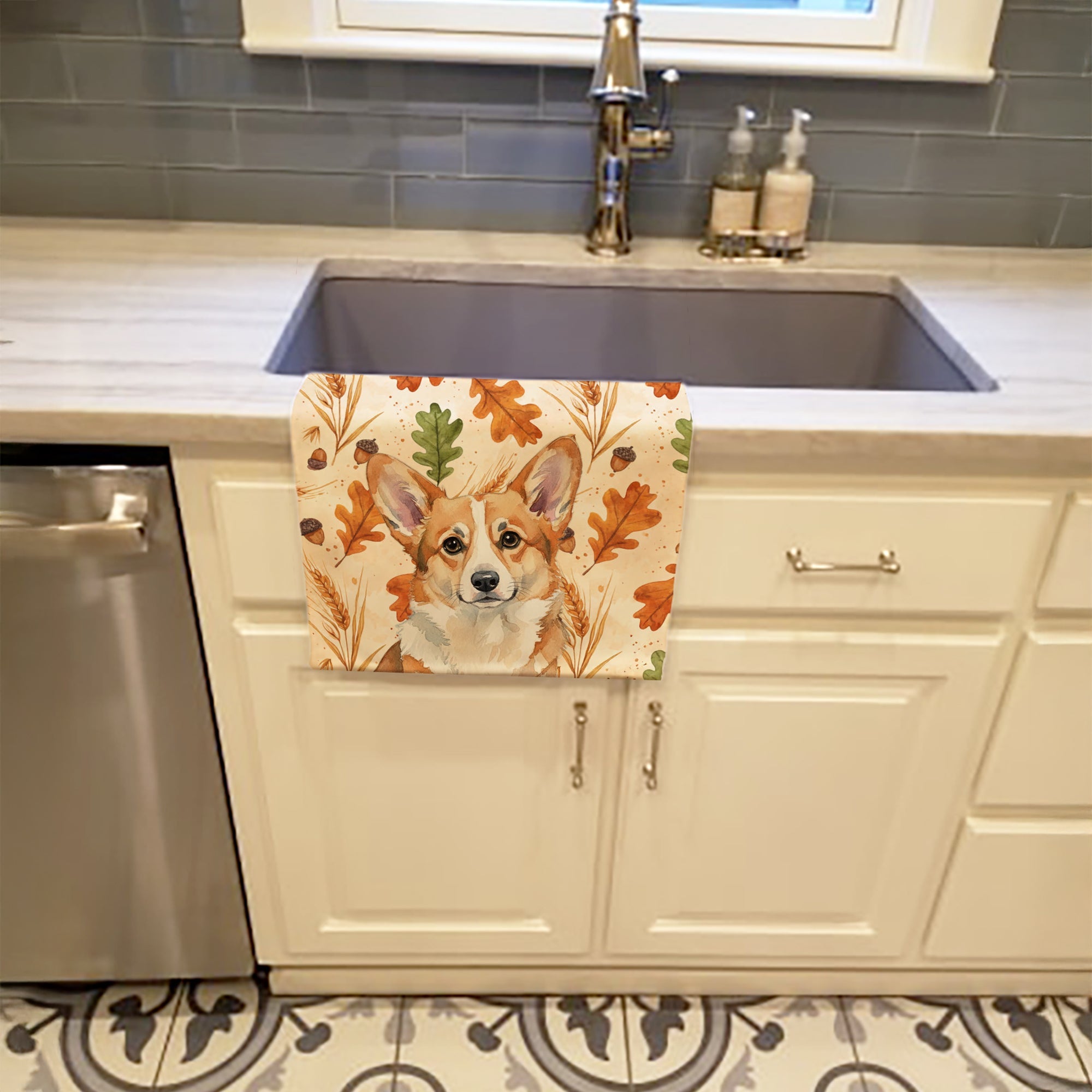 Corgi Heirloom Fall Kitchen Towel Velour Plush Front and Cotton Loop Back Machine Washable