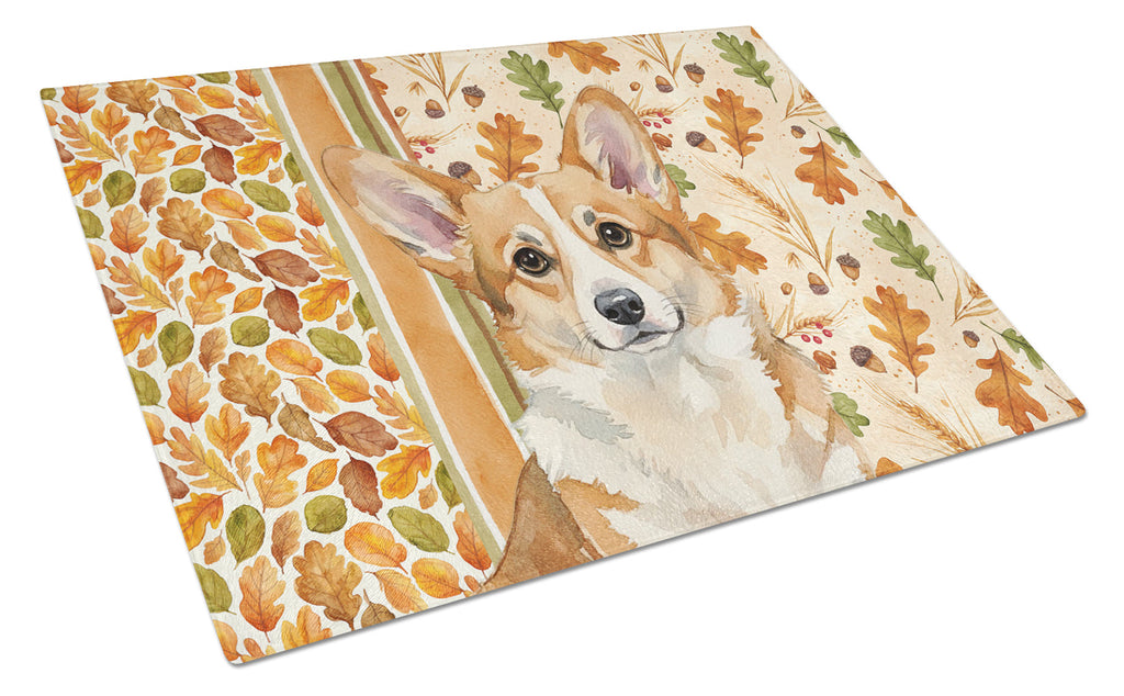 Corgi Heirloom Fall Cutting Board Tempered Glass Kitchen Cutting Surface, Heat Resistant Chopping, Non-Slip Feet, Food Prep & Serving
