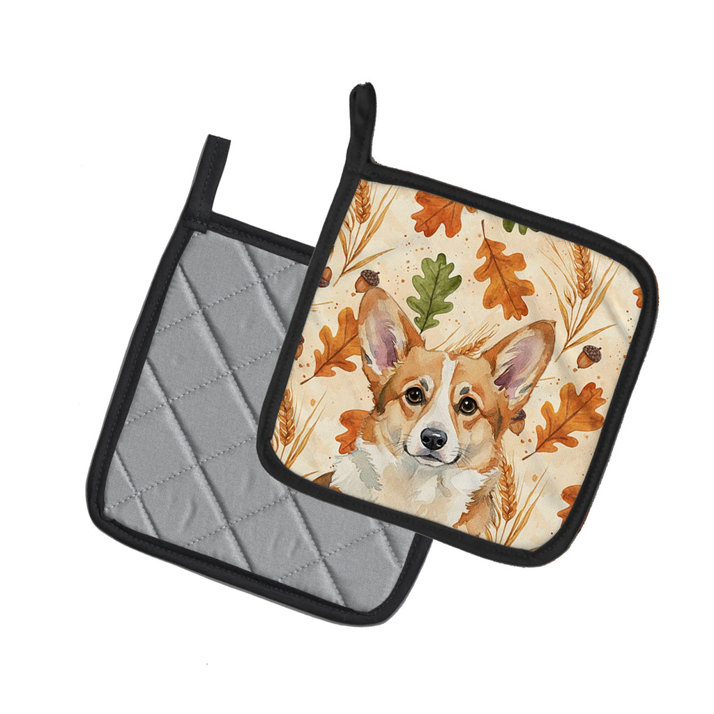 Corgi Heirloom Fall Pot Holder Set of 2 Heat Resistant Quilted Hot Pads 7.5 x 7.5 Inch, Insulated Kitchen Trivets for Cooking & Baking