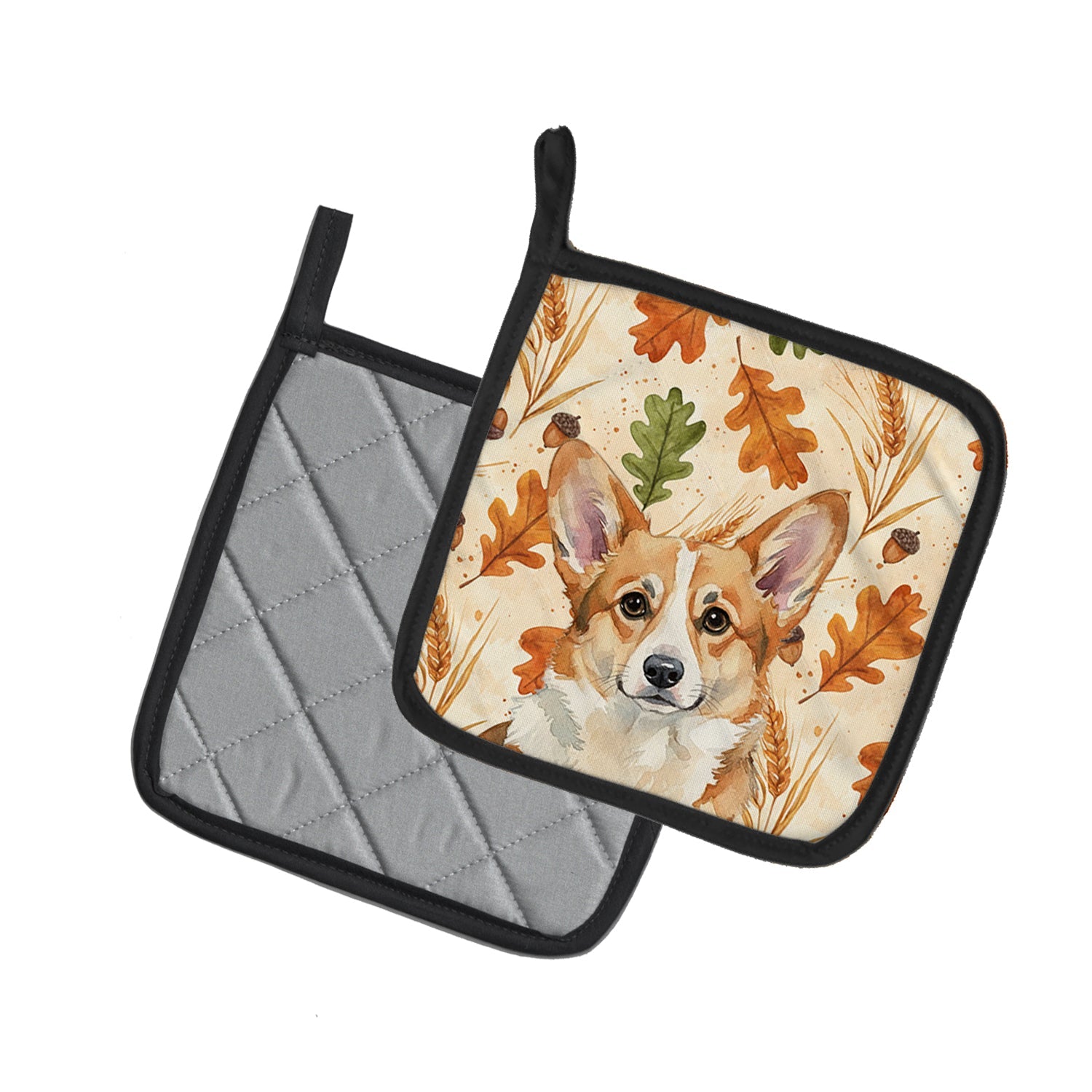 Corgi Heirloom Fall Pot Holder Set of 2 Heat Resistant Quilted Hot Pads 7.5 x 7.5 Inch, Insulated Kitchen Trivets for Cooking & Baking