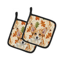 Corgi Heirloom Fall Pot Holder Set of 2 Heat Resistant Quilted Hot Pads 7.5 x 7.5 Inch, Insulated Kitchen Trivets for Cooking & Baking