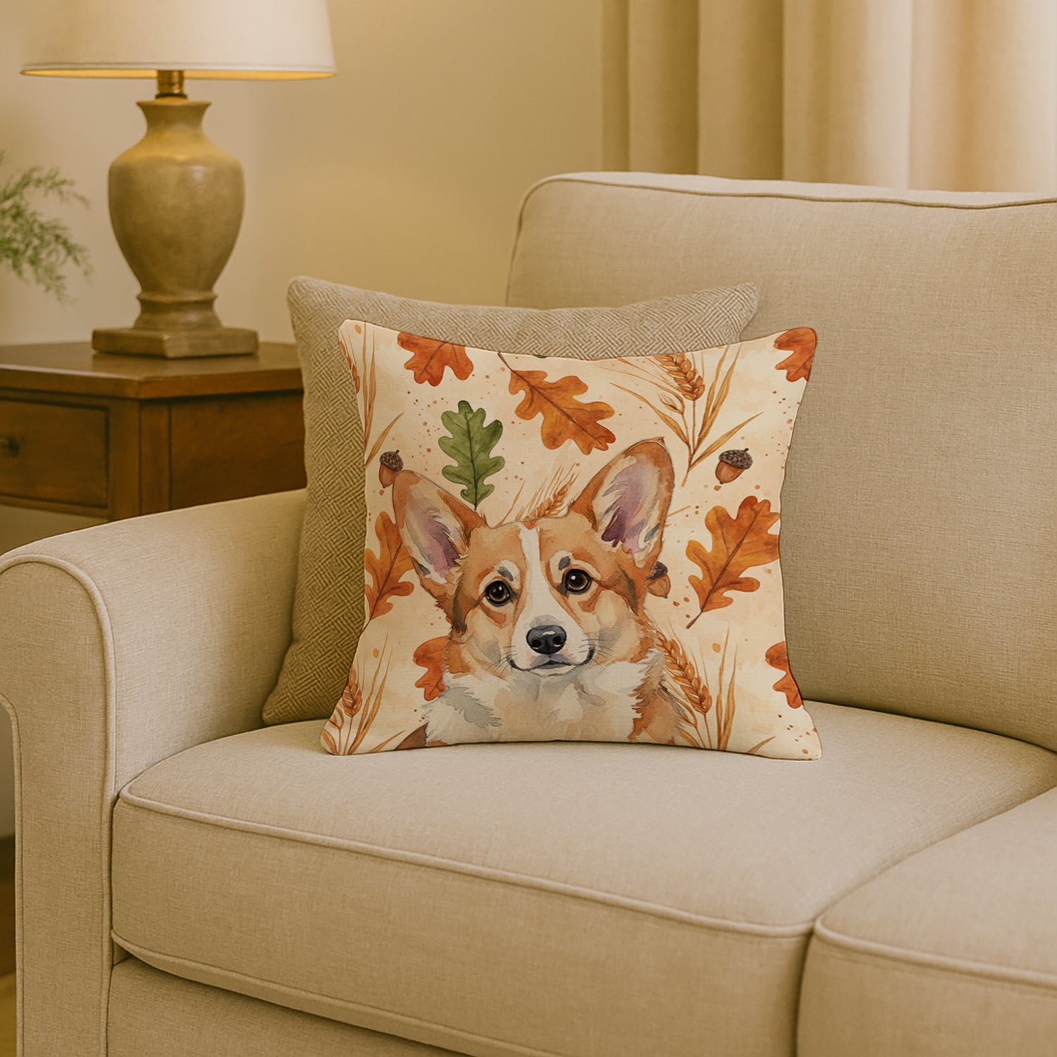 Corgi Heirloom Fall Decorative Throw Pillow 18x18 Indoor Outdoor Accent Cushion, Fabric Cover with Insert for Sofa, Bed, Porch & Living Room