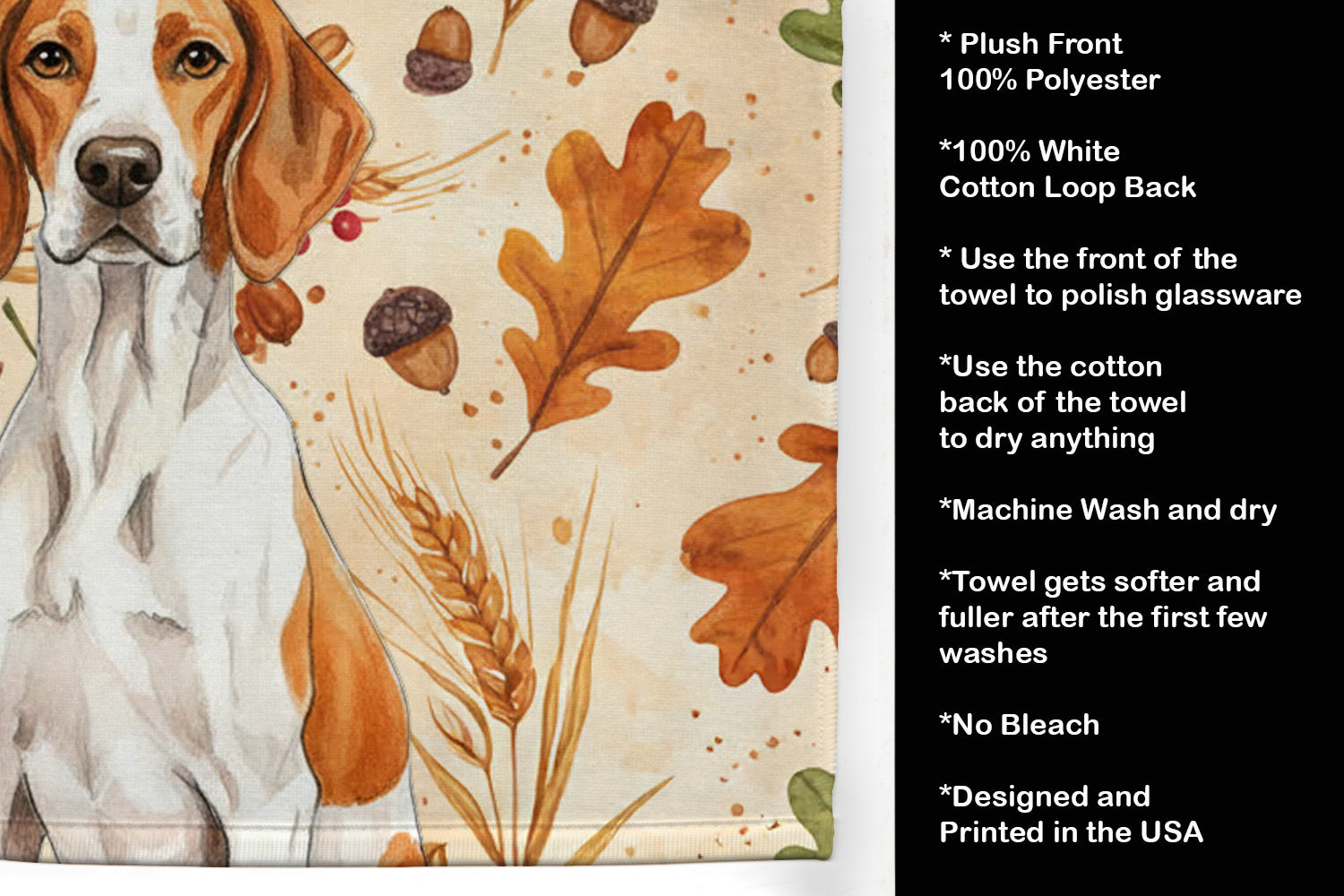 Orange and White Pointer Heirloom Fall Kitchen Towel Velour Plush Front and Cotton Loop Back Machine Washable