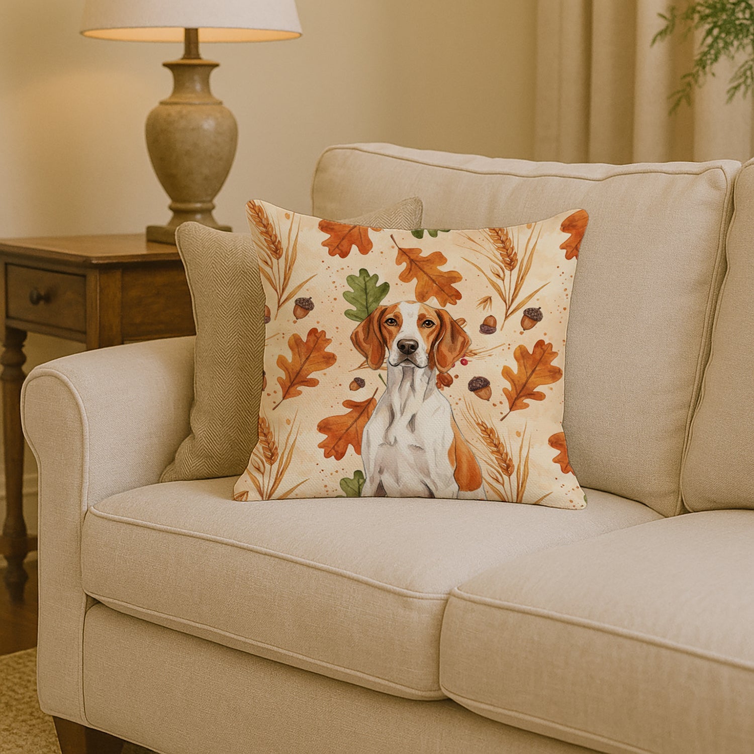 Orange and White Pointer Heirloom Fall Decorative Throw Pillow 14x14 Indoor Outdoor Accent Cushion, Fabric Cover with Insert for Sofa, Bed, Porch & Living Room