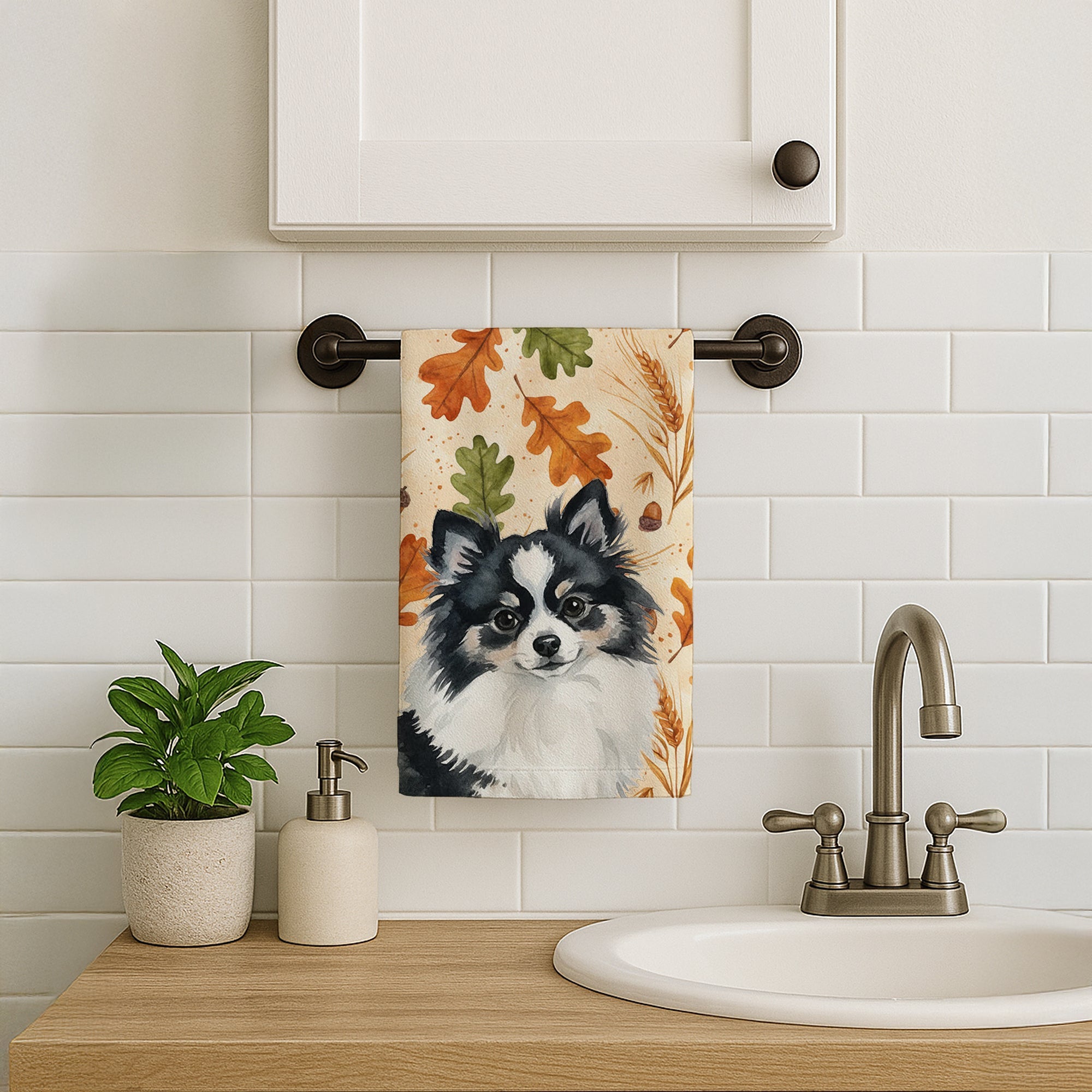 Black and White Pomeranian Heirloom Fall Kitchen Towel Velour Plush Front and Cotton Loop Back Machine Washable