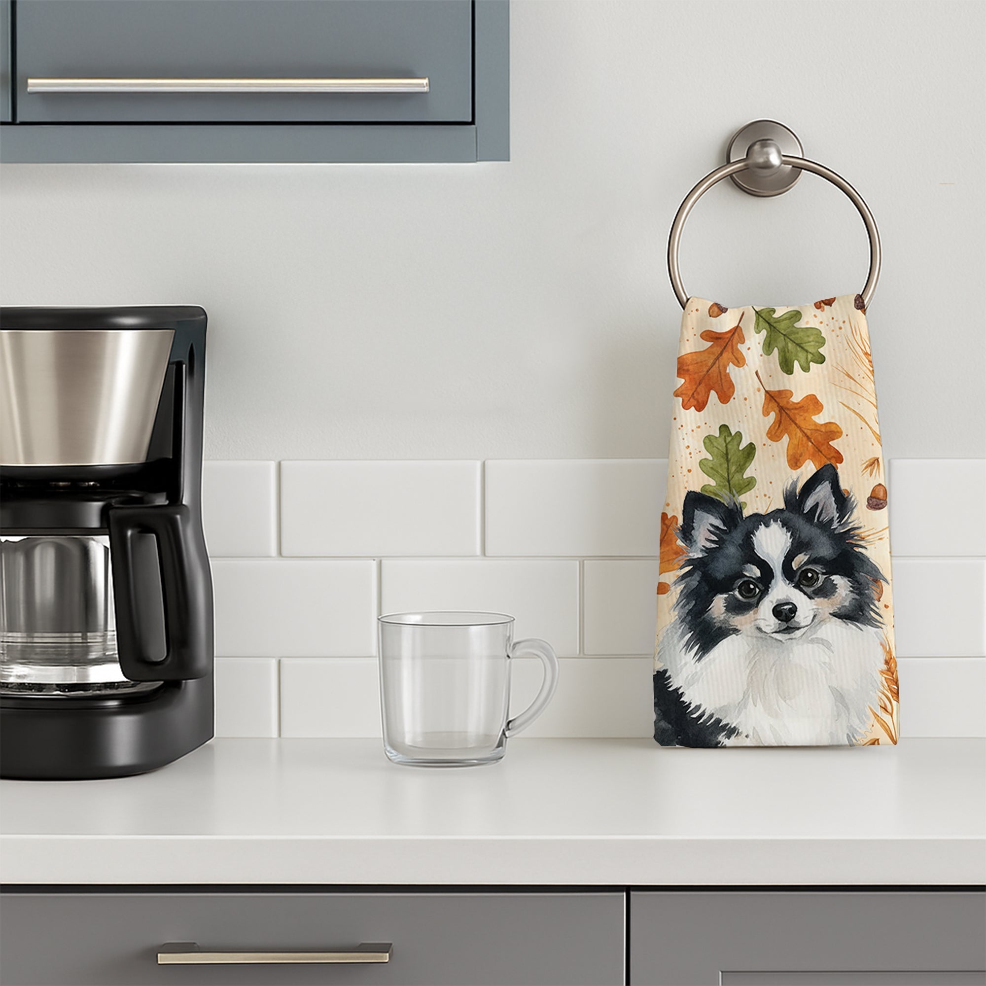 Black and White Pomeranian Heirloom Fall Kitchen Towel Velour Plush Front and Cotton Loop Back Machine Washable