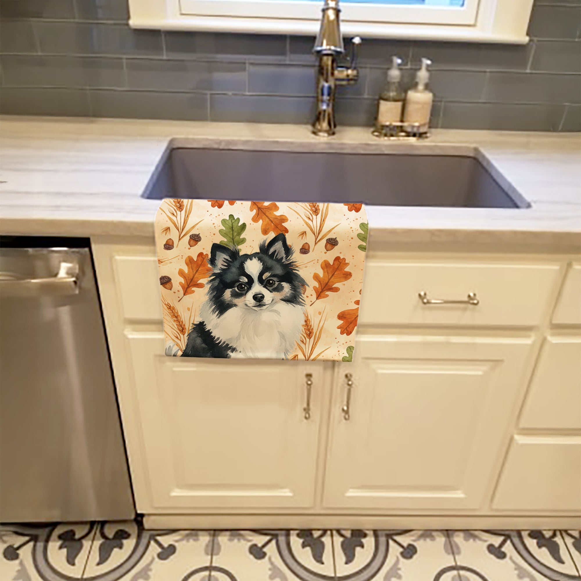 Black and White Pomeranian Heirloom Fall Kitchen Towel Velour Plush Front and Cotton Loop Back Machine Washable