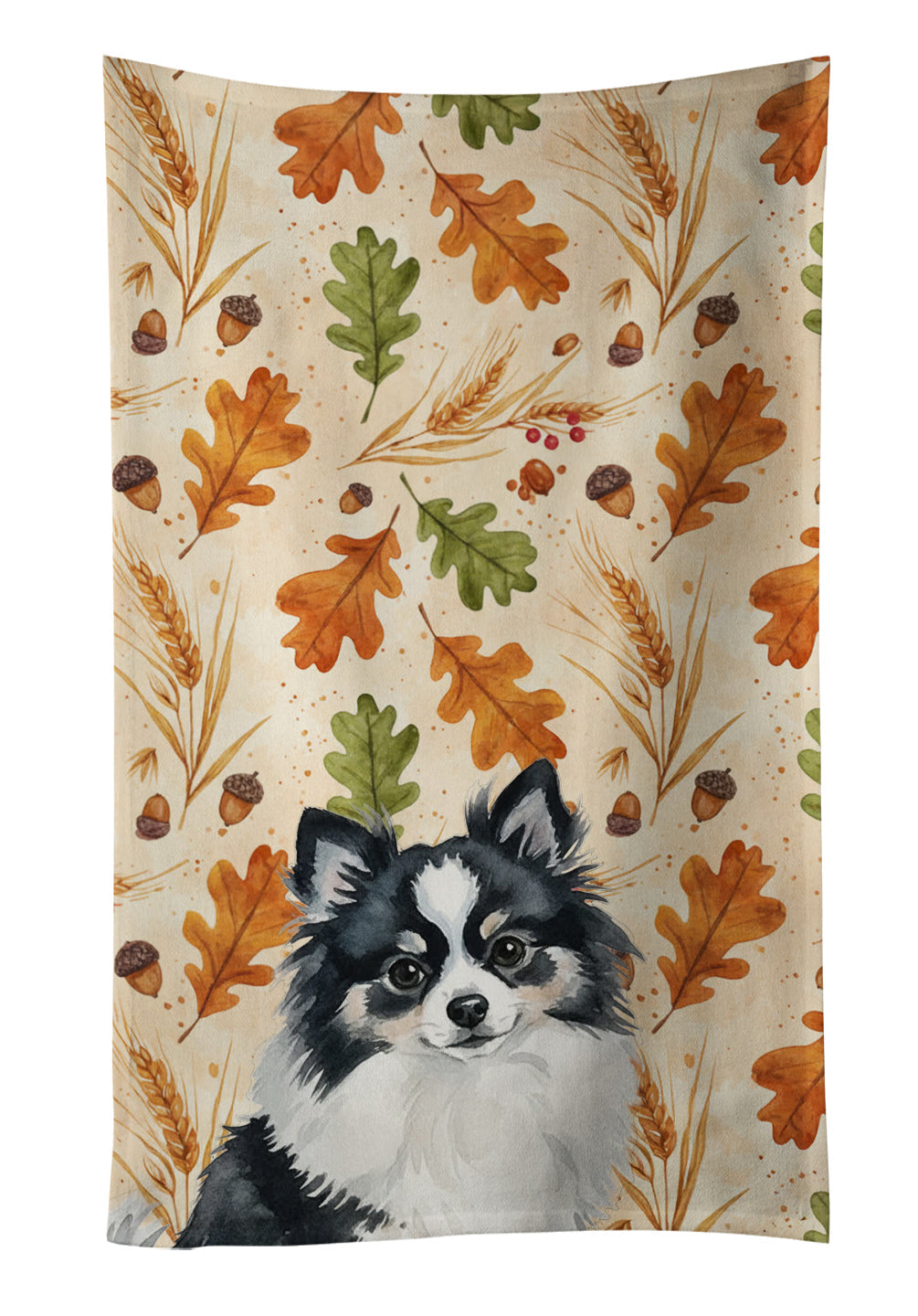 Black and White Pomeranian Heirloom Fall Kitchen Towel Velour Plush Front and Cotton Loop Back Machine Washable