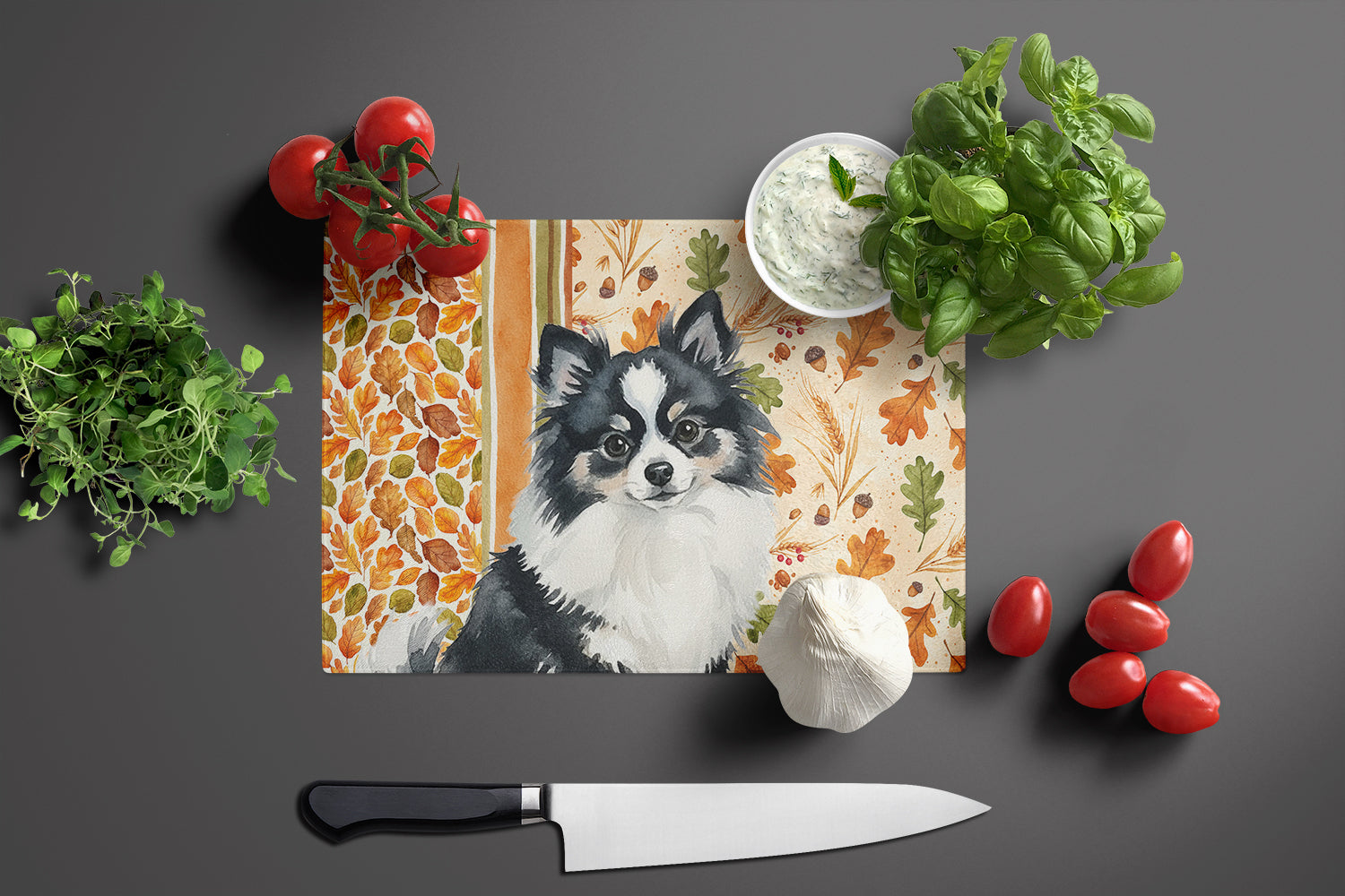 Black and White Pomeranian Heirloom Fall Cutting Board Tempered Glass Kitchen Cutting Surface, Heat Resistant Chopping, Non-Slip Feet, Food Prep & Serving
