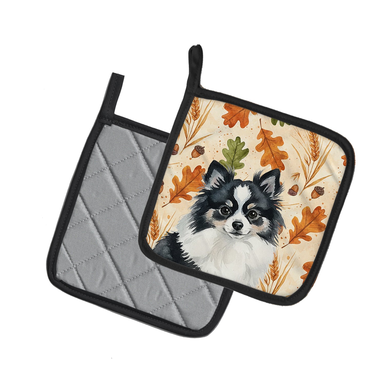 Black and White Pomeranian Heirloom Fall Pot Holder Set of 2 Heat Resistant Quilted Hot Pads 7.5 x 7.5 Inch, Insulated Kitchen Trivets for Cooking & Baking