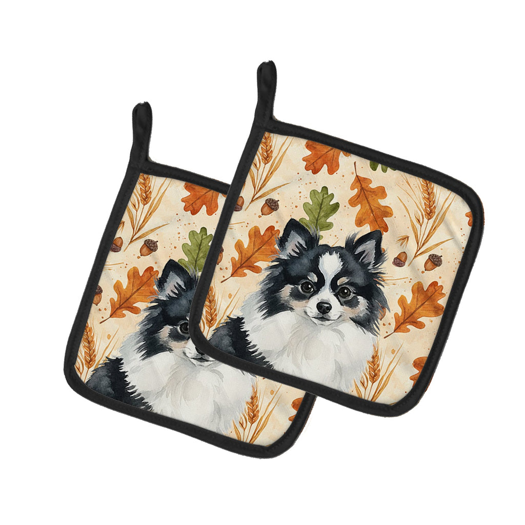 Black and White Pomeranian Heirloom Fall Pot Holder Set of 2 Heat Resistant Quilted Hot Pads 7.5 x 7.5 Inch, Insulated Kitchen Trivets for Cooking & Baking