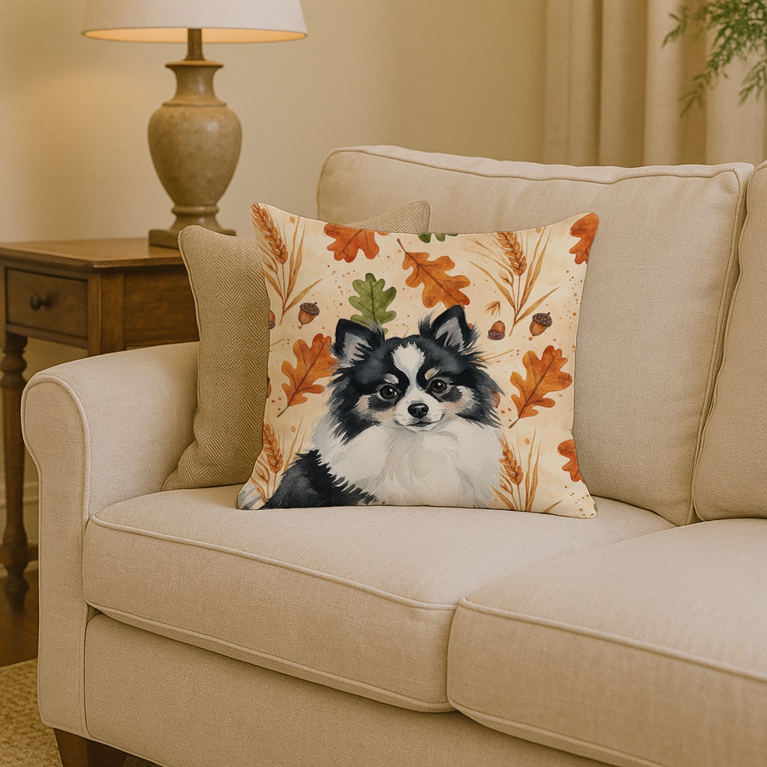 Black and White Pomeranian Heirloom Fall Decorative Throw Pillow 14x14 Indoor Outdoor Accent Cushion, Fabric Cover with Insert for Sofa, Bed, Porch & Living Room