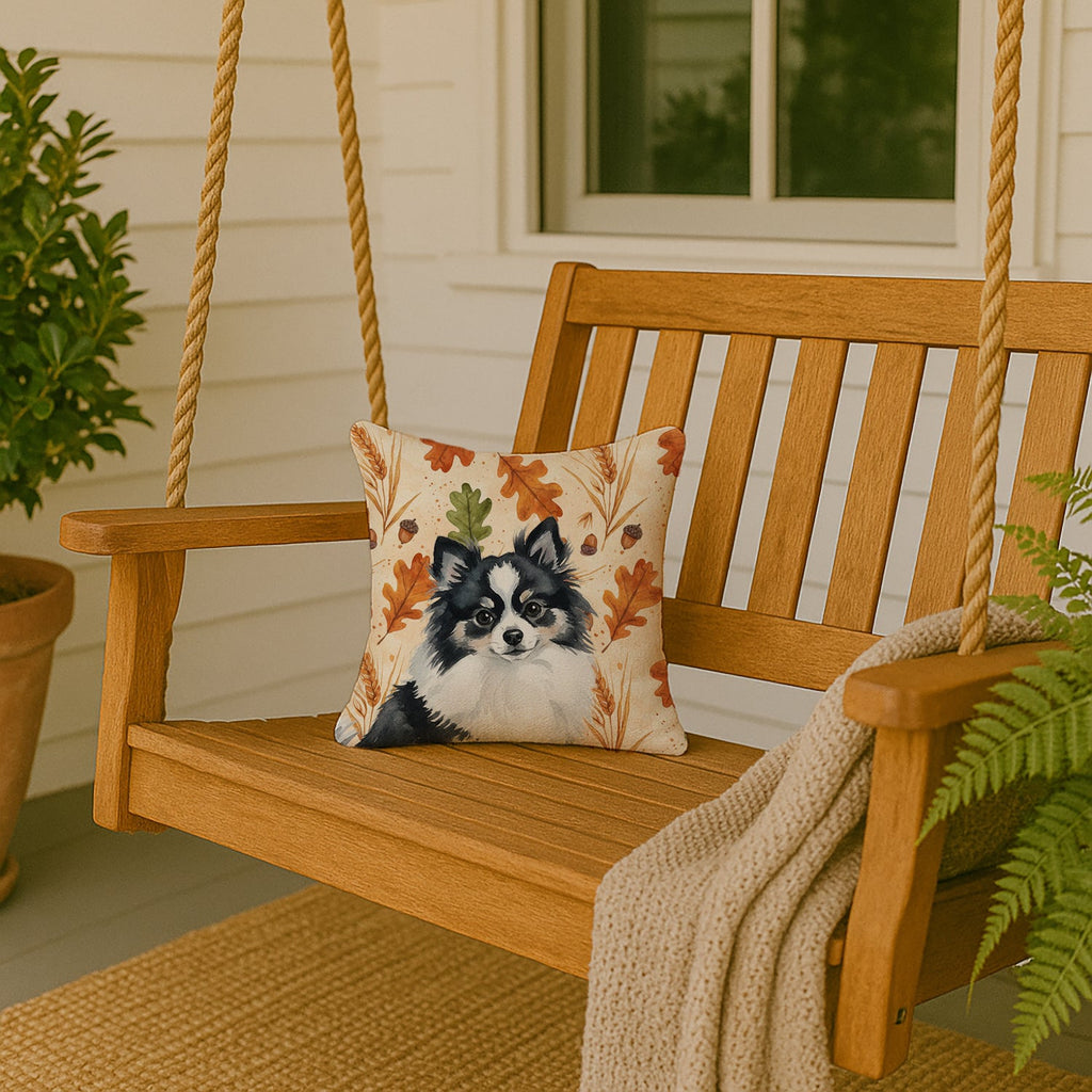 Black and White Pomeranian Heirloom Fall Decorative Throw Pillow 14x14 Indoor Outdoor Accent Cushion, Fabric Cover with Insert for Sofa, Bed, Porch & Living Room