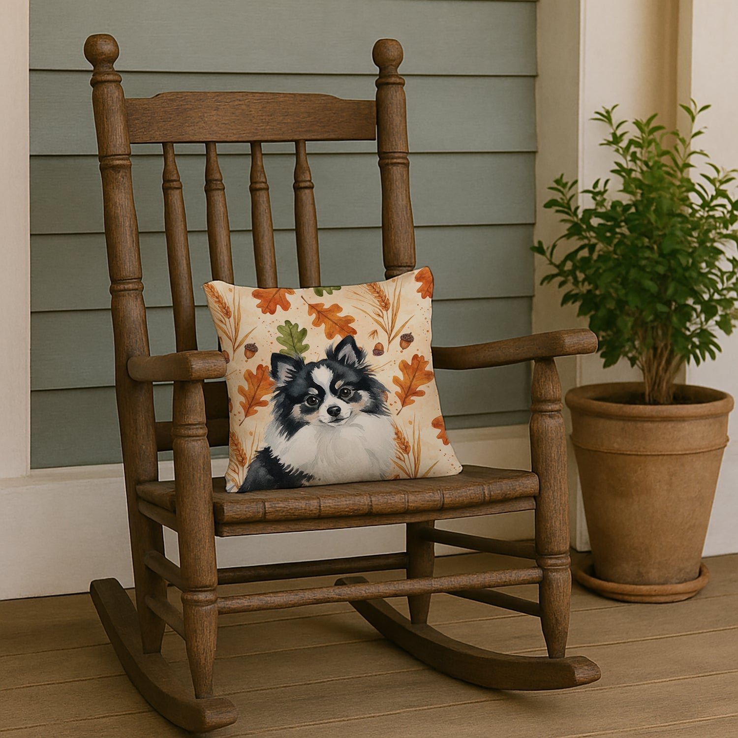 Black and White Pomeranian Heirloom Fall Decorative Throw Pillow 14x14 Indoor Outdoor Accent Cushion, Fabric Cover with Insert for Sofa, Bed, Porch & Living Room