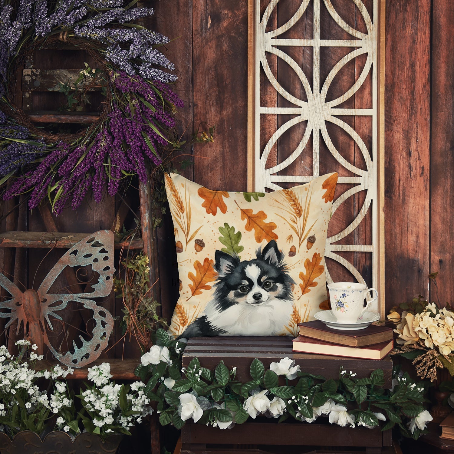 Black and White Pomeranian Heirloom Fall Decorative Throw Pillow 14x14 Indoor Outdoor Accent Cushion, Fabric Cover with Insert for Sofa, Bed, Porch & Living Room