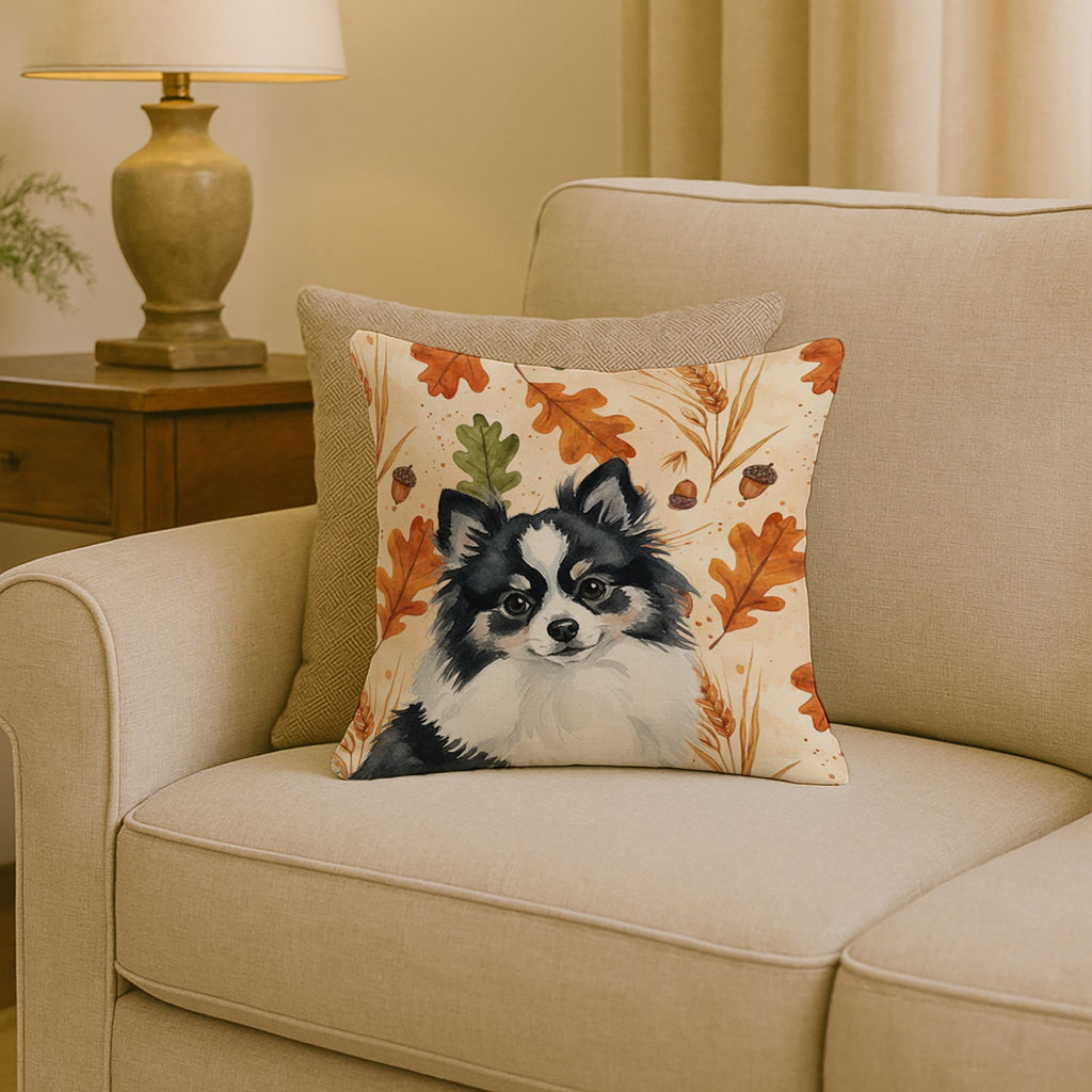 Black and White Pomeranian Heirloom Fall Decorative Throw Pillow 18x18 Indoor Outdoor Accent Cushion, Fabric Cover with Insert for Sofa, Bed, Porch & Living Room