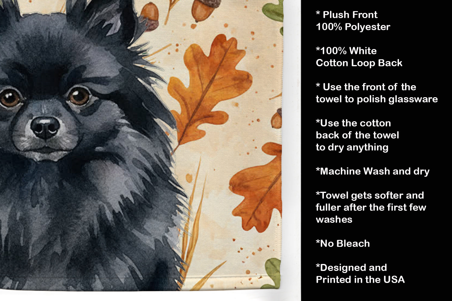 Black Pomeranian Heirloom Fall Kitchen Towel Velour Plush Front and Cotton Loop Back Machine Washable