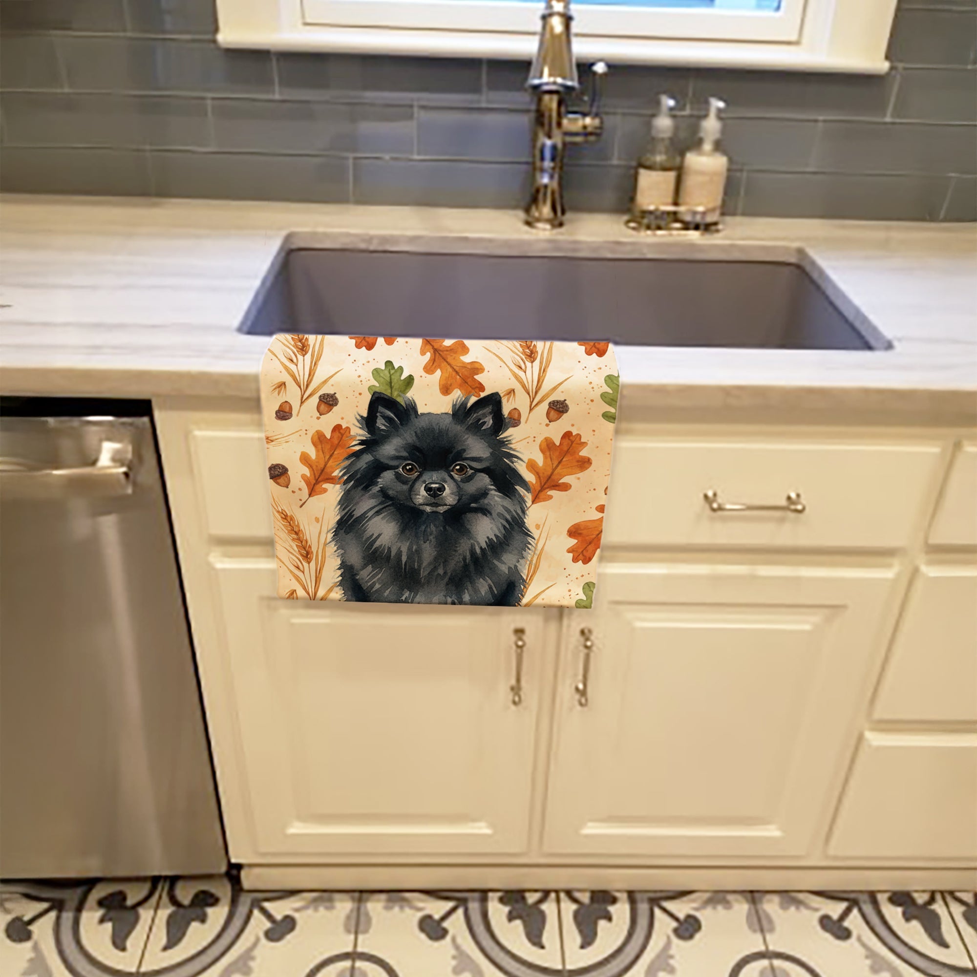 Black Pomeranian Heirloom Fall Kitchen Towel Velour Plush Front and Cotton Loop Back Machine Washable