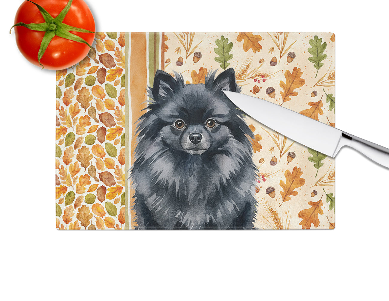 Black Pomeranian Heirloom Fall Cutting Board Tempered Glass Kitchen Cutting Surface, Heat Resistant Chopping, Non-Slip Feet, Food Prep & Serving