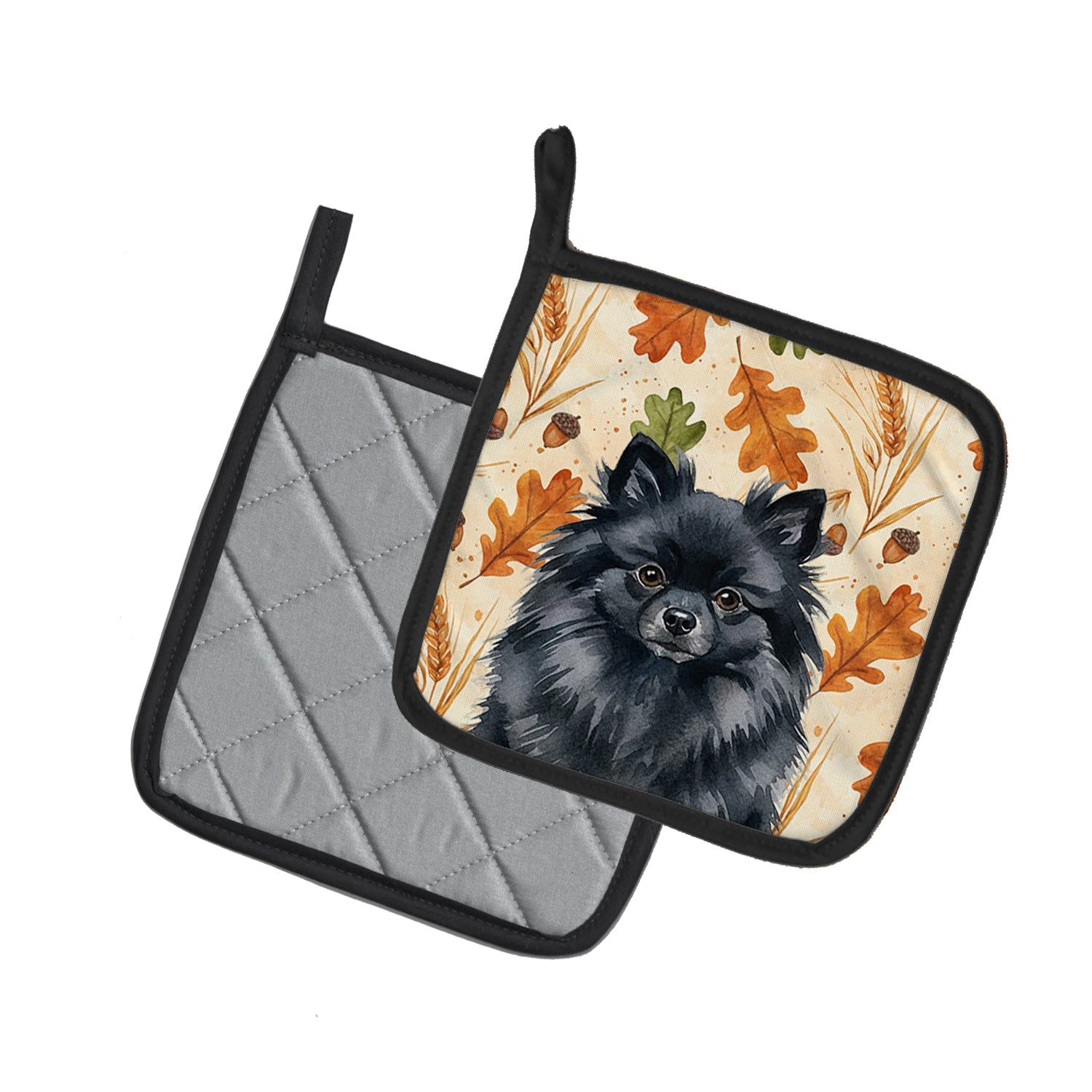 Black Pomeranian Heirloom Fall Pot Holder Set of 2 Heat Resistant Quilted Hot Pads 7.5 x 7.5 Inch, Insulated Kitchen Trivets for Cooking & Baking